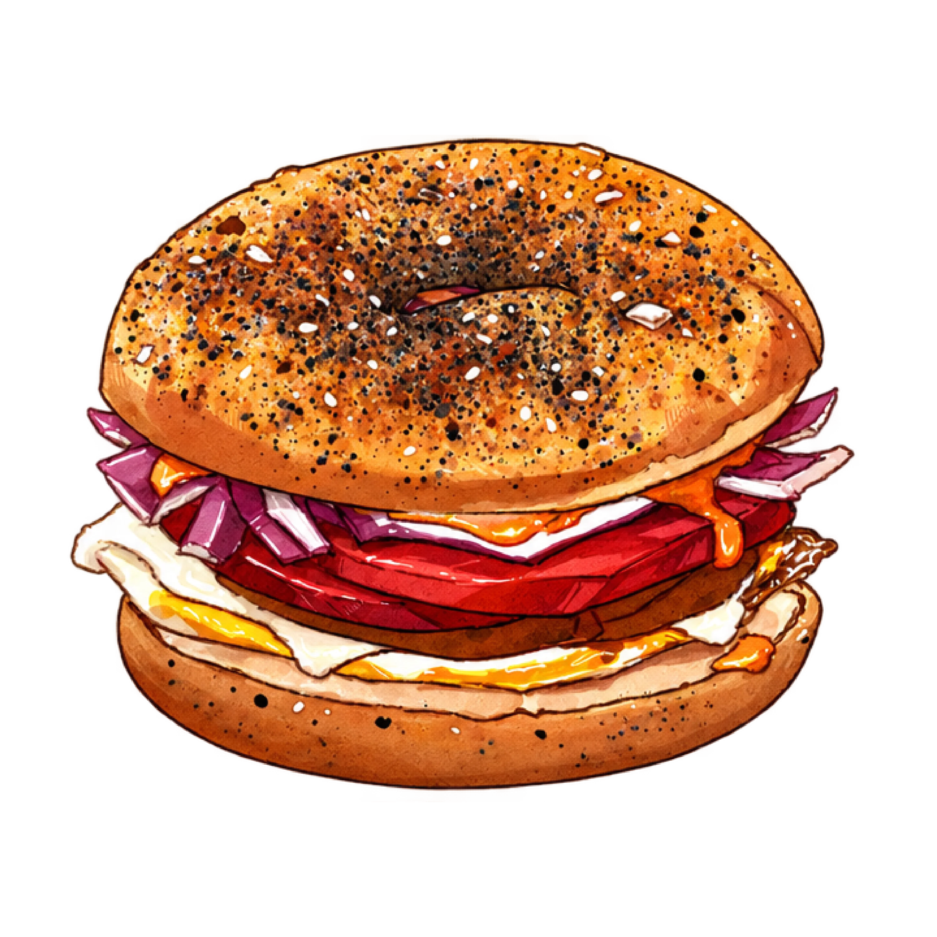 Bagel sandwich with layers of toppings and a toasted bagel