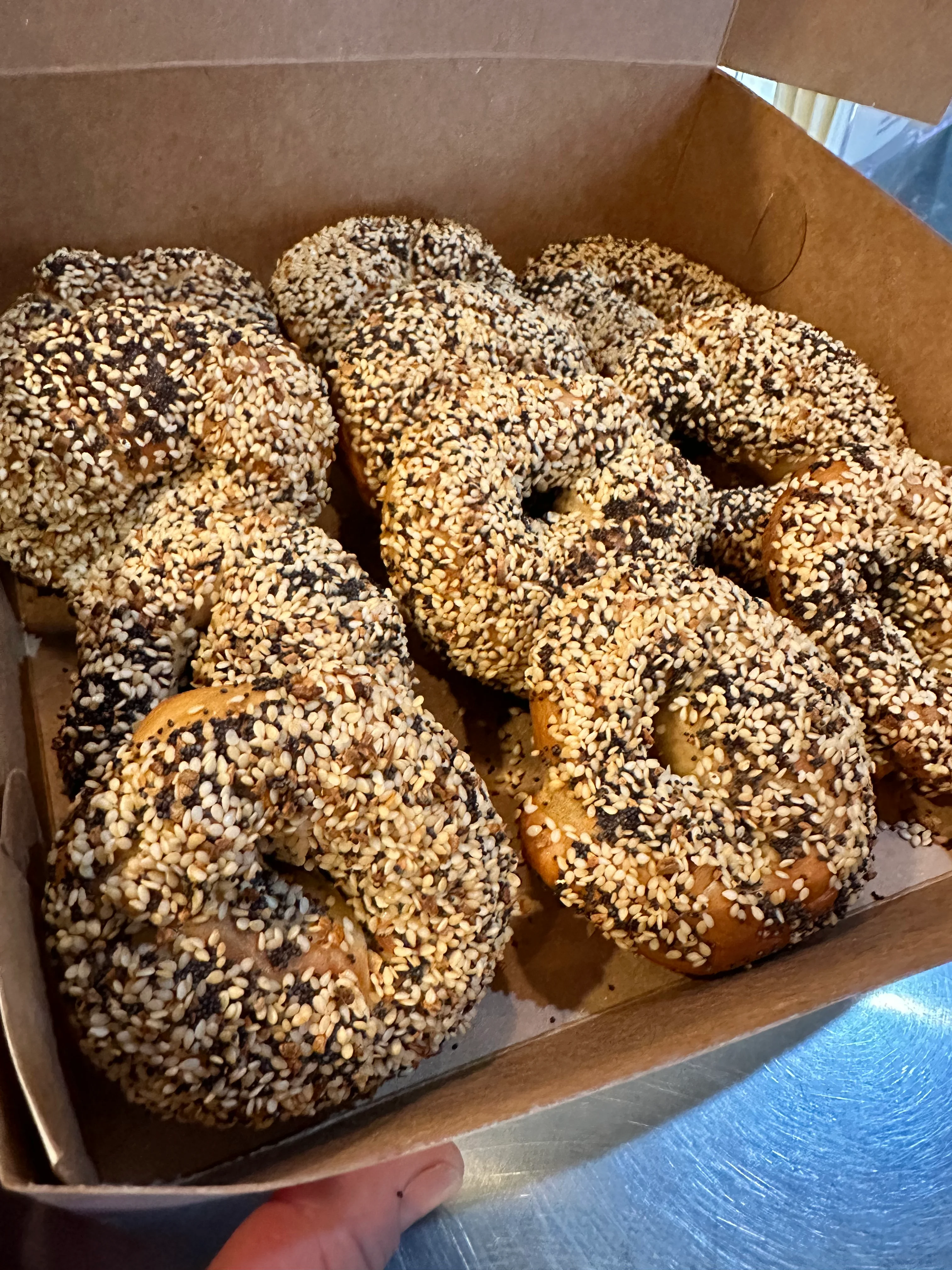 Sesame bagels in a cardboard box, showcasing a Middle Eastern delicacy.