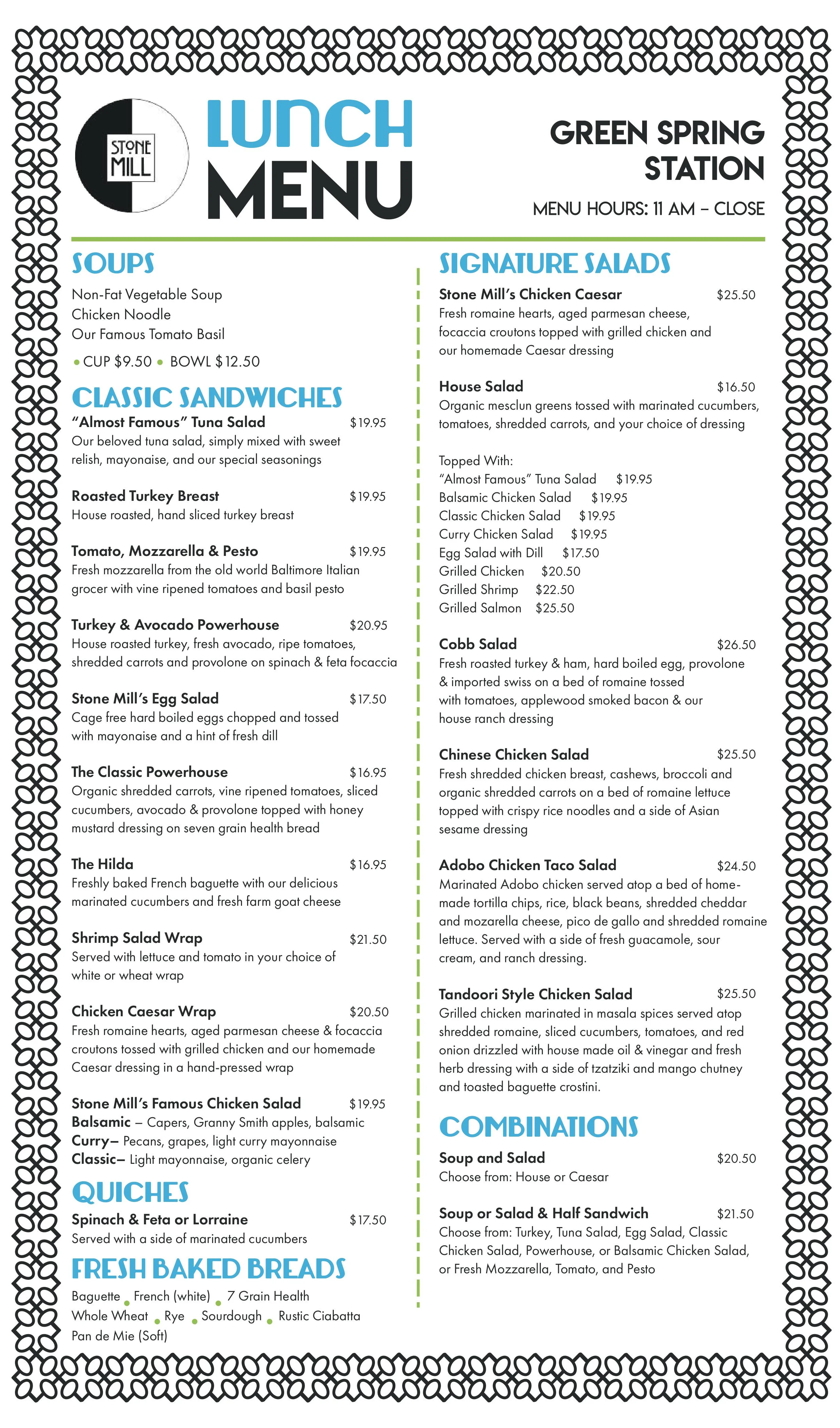 Lunch menu featuring a variety of sandwiches and salads