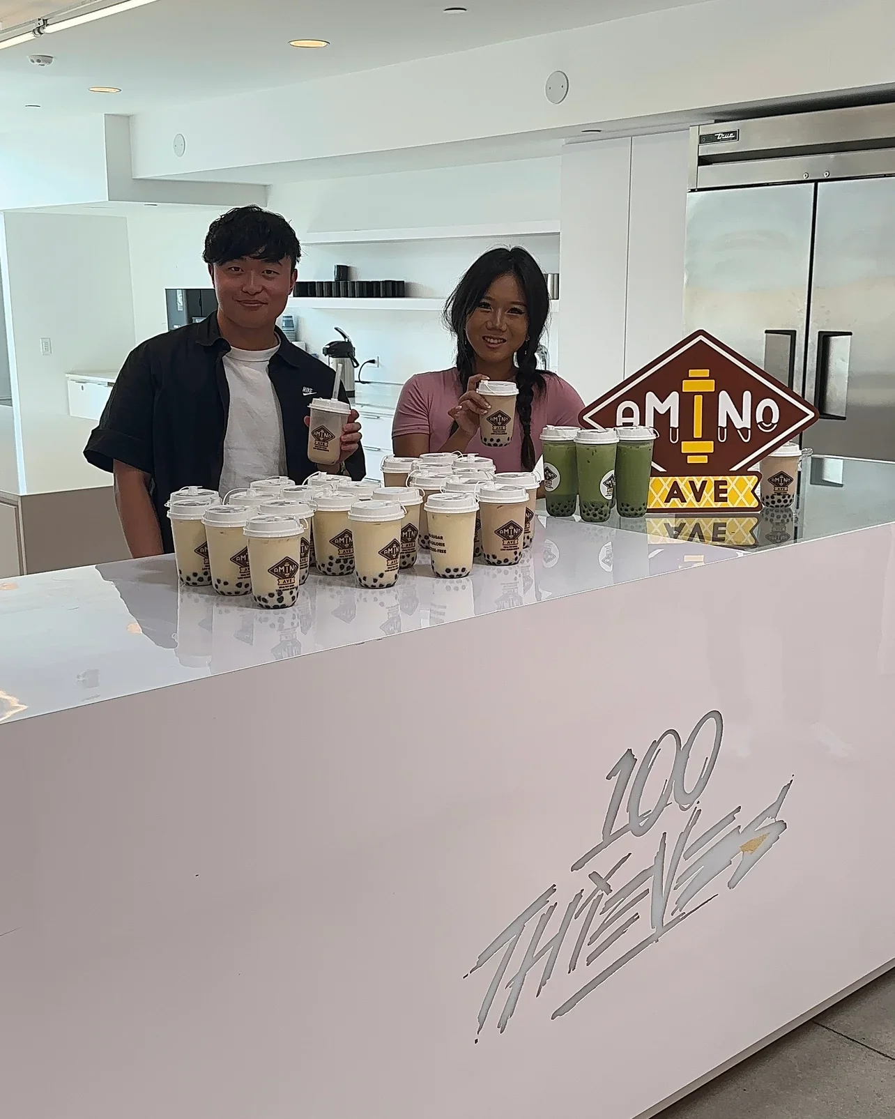 Bubble tea drinks displayed at a modern cafe