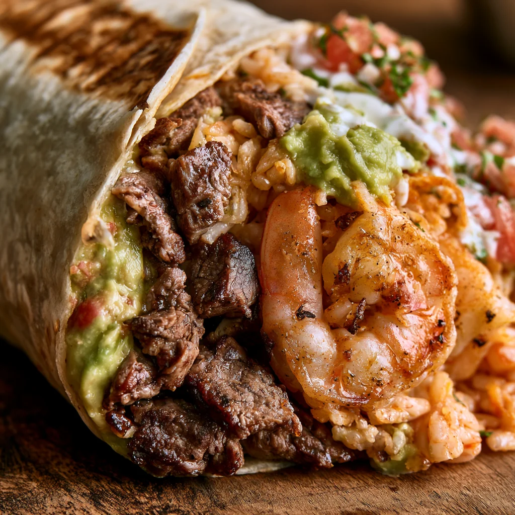 Loaded burrito with steak and shrimp