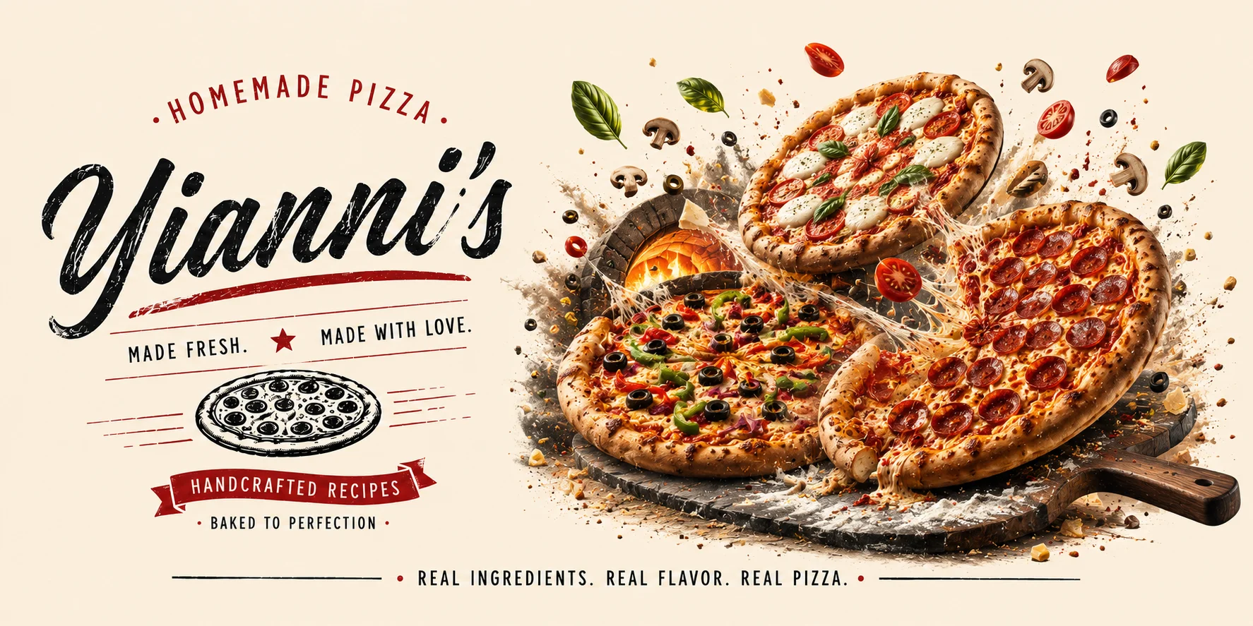 Yianni's homemade pizza truck with fresh pizzas displayed.