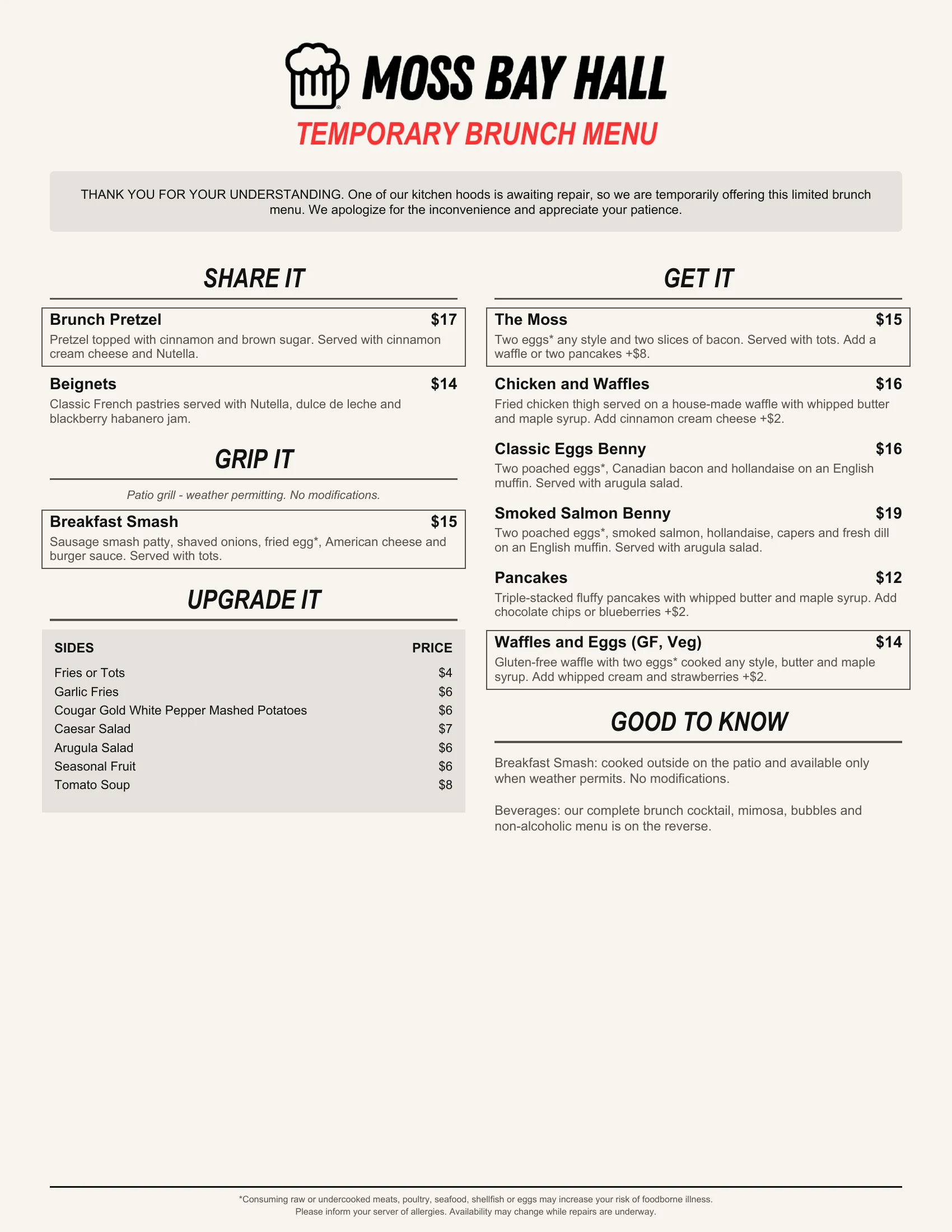 Brunch menu featuring diverse dishes at a cozy restaurant