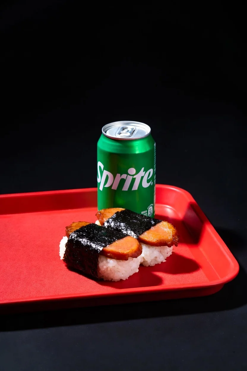 Hawaiian spam musubi with a can of soda on a red tray