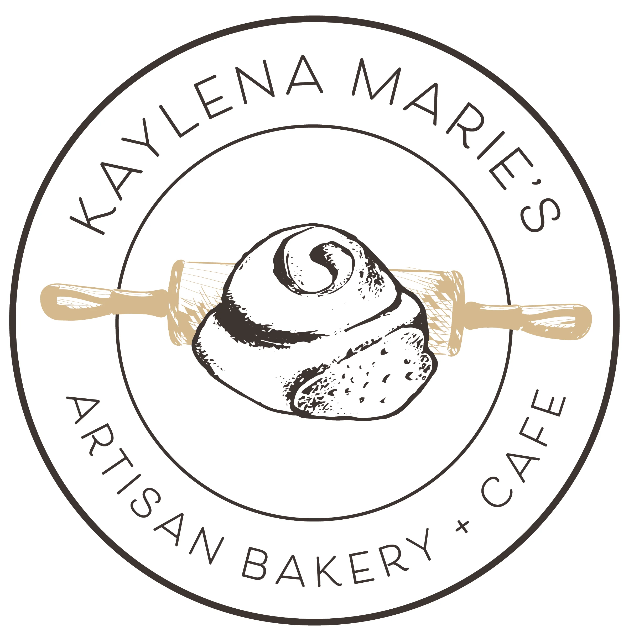 Artisan bakery logo featuring a cinnamon roll and rolling pin