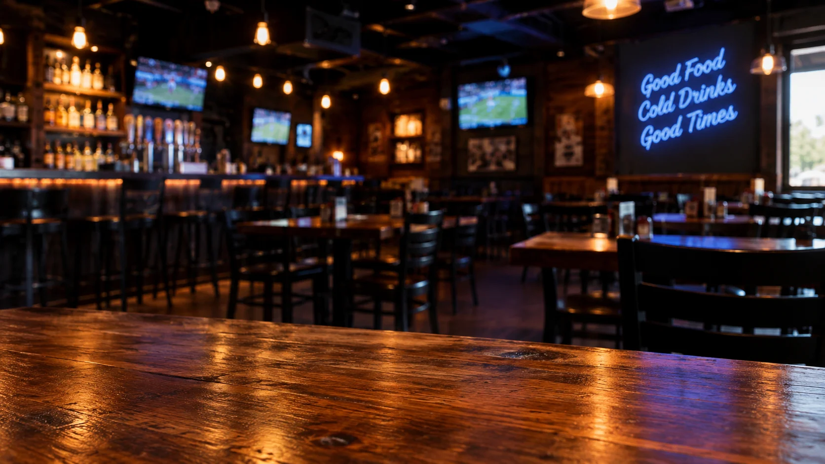 Warm sports bar interior with wooden tables, pendant lights, and televisions