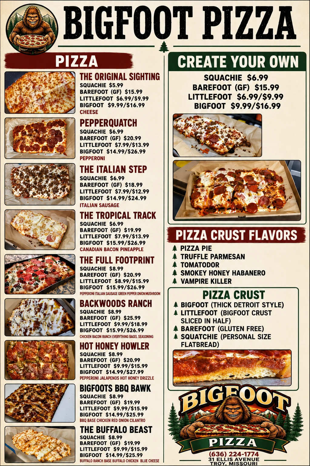 Variety of gourmet pizzas at Bigfoot Pizza restaurant