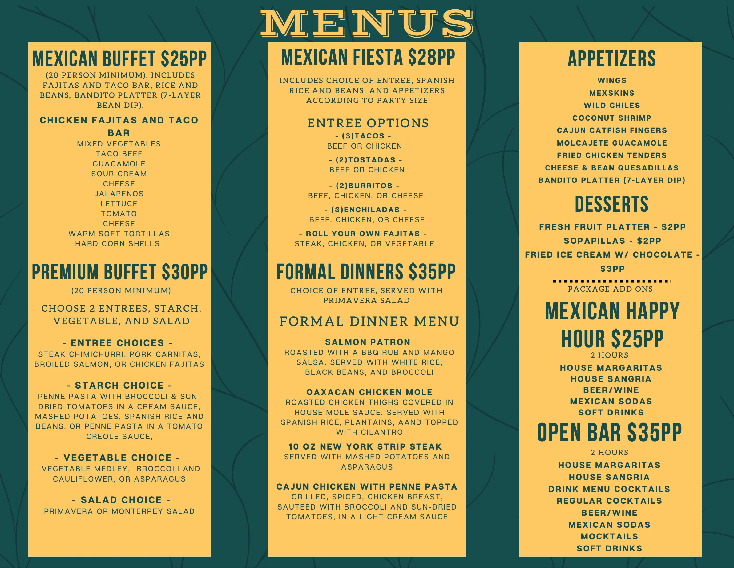Mexican buffet menu featuring tacos, enchiladas, and fajitas