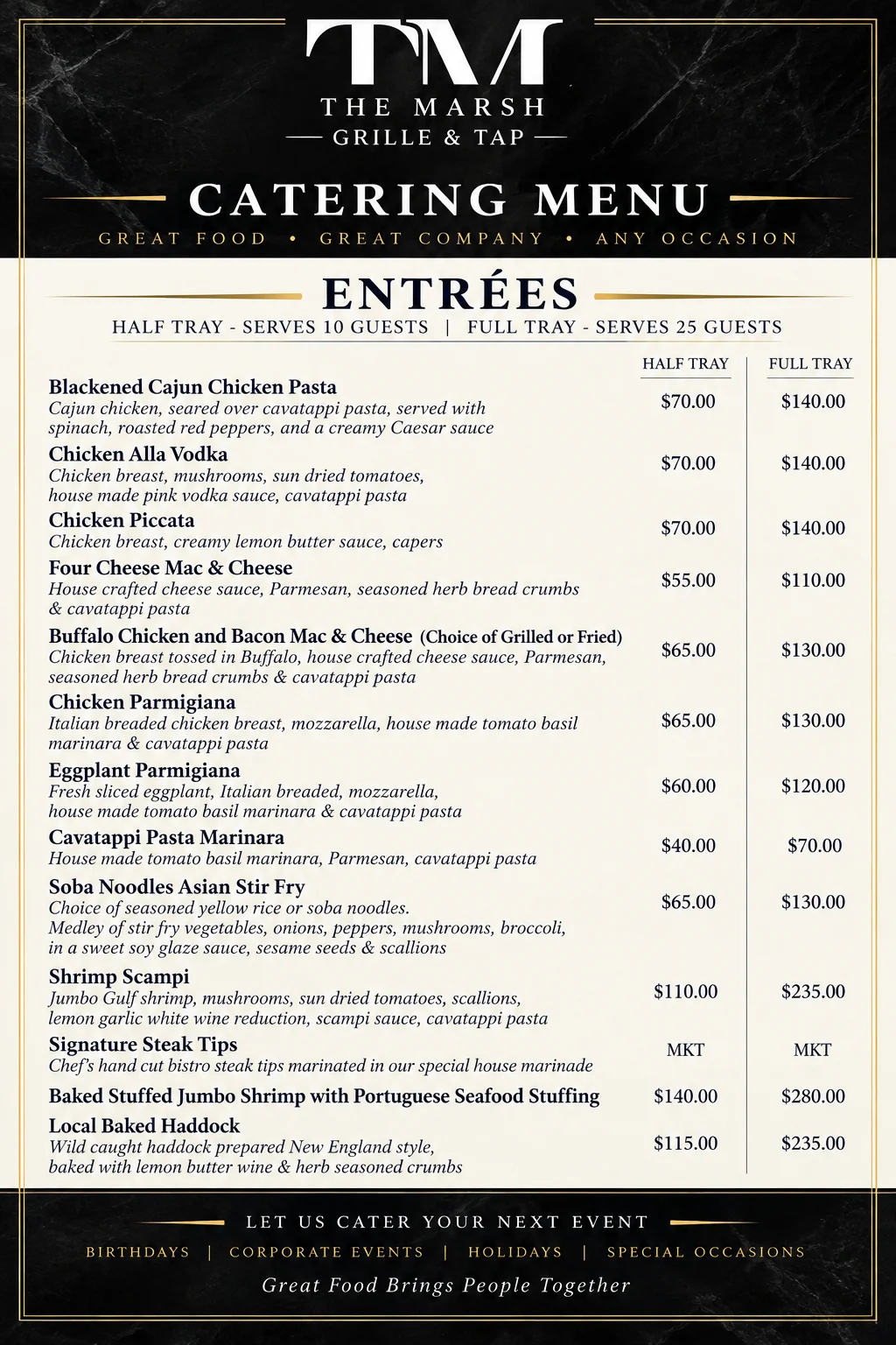 Catering menu featuring Italian pasta dishes and seafood entrees