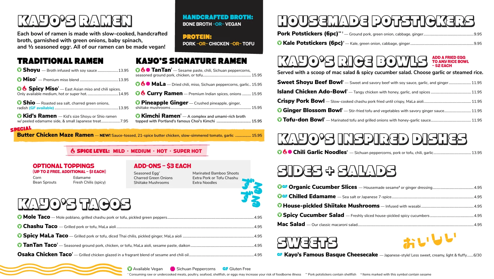 Japanese ramen menu featuring various styles and toppings