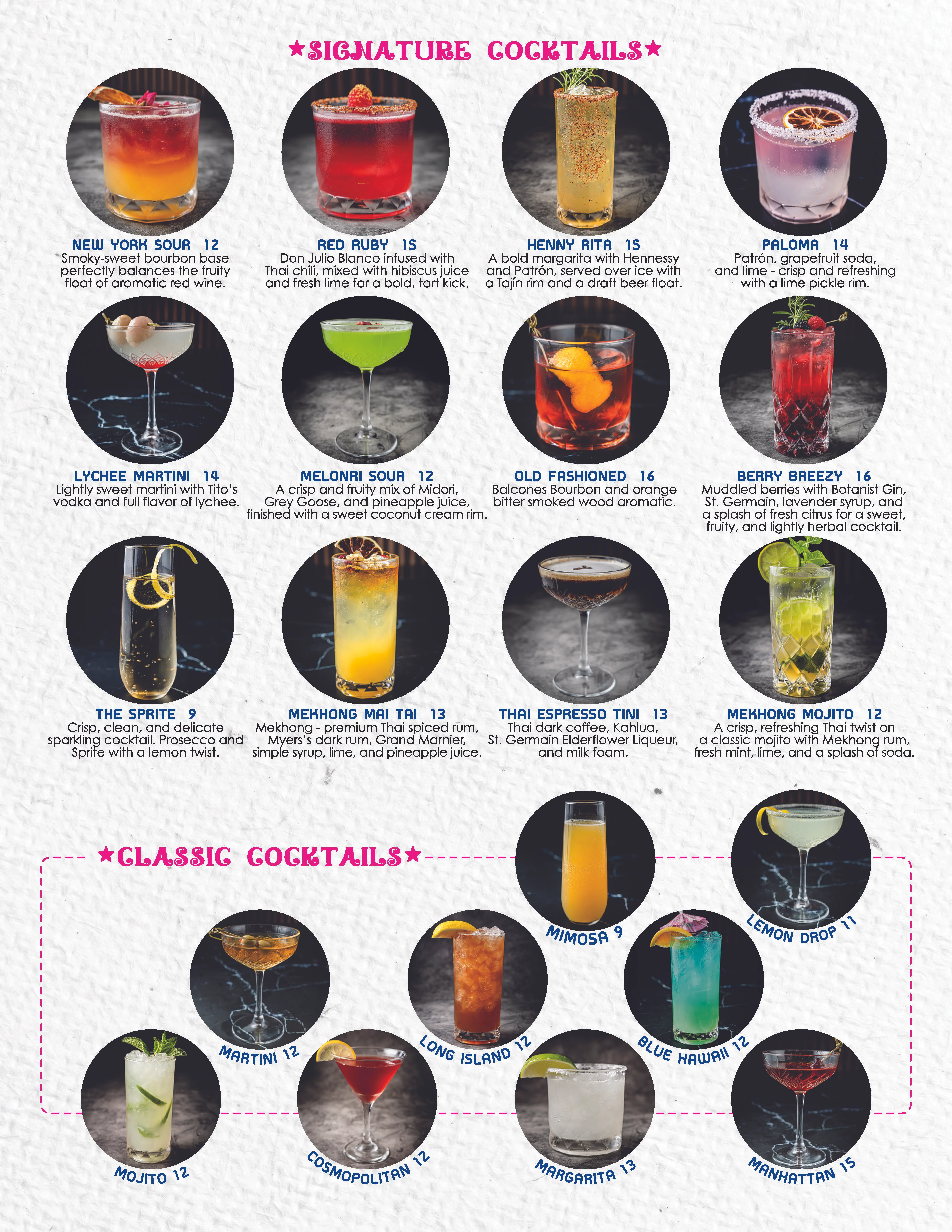 Menu featuring signature and classic cocktails with prices.