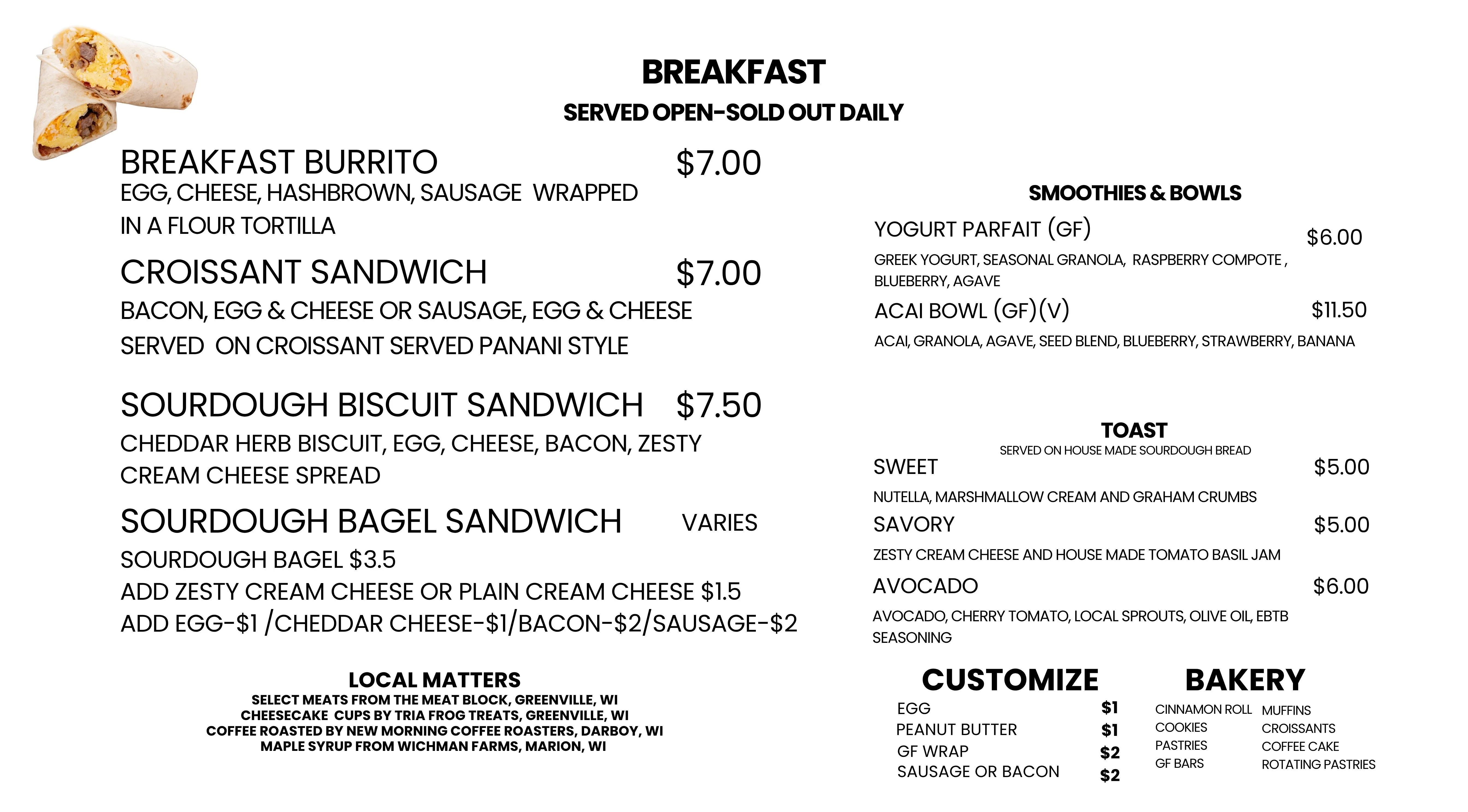 Breakfast menu featuring various delicious dishes and beverages.