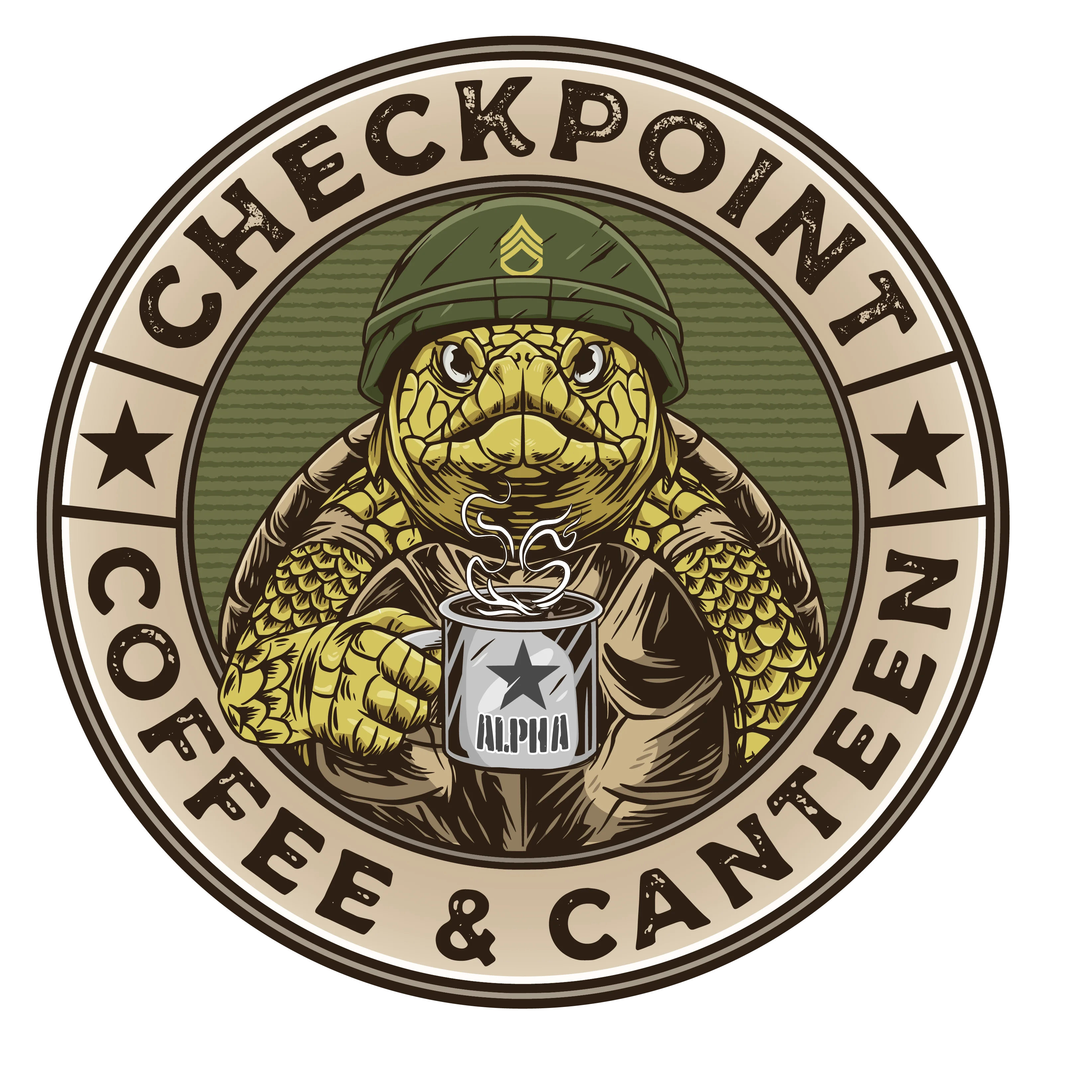 Logo of Checkpoint Coffee & Canteen featuring a turtle in military gear