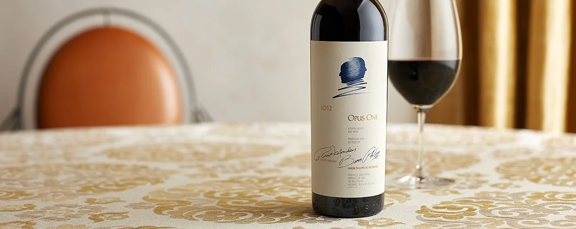 Bottle of Opus One wine on a decorative table