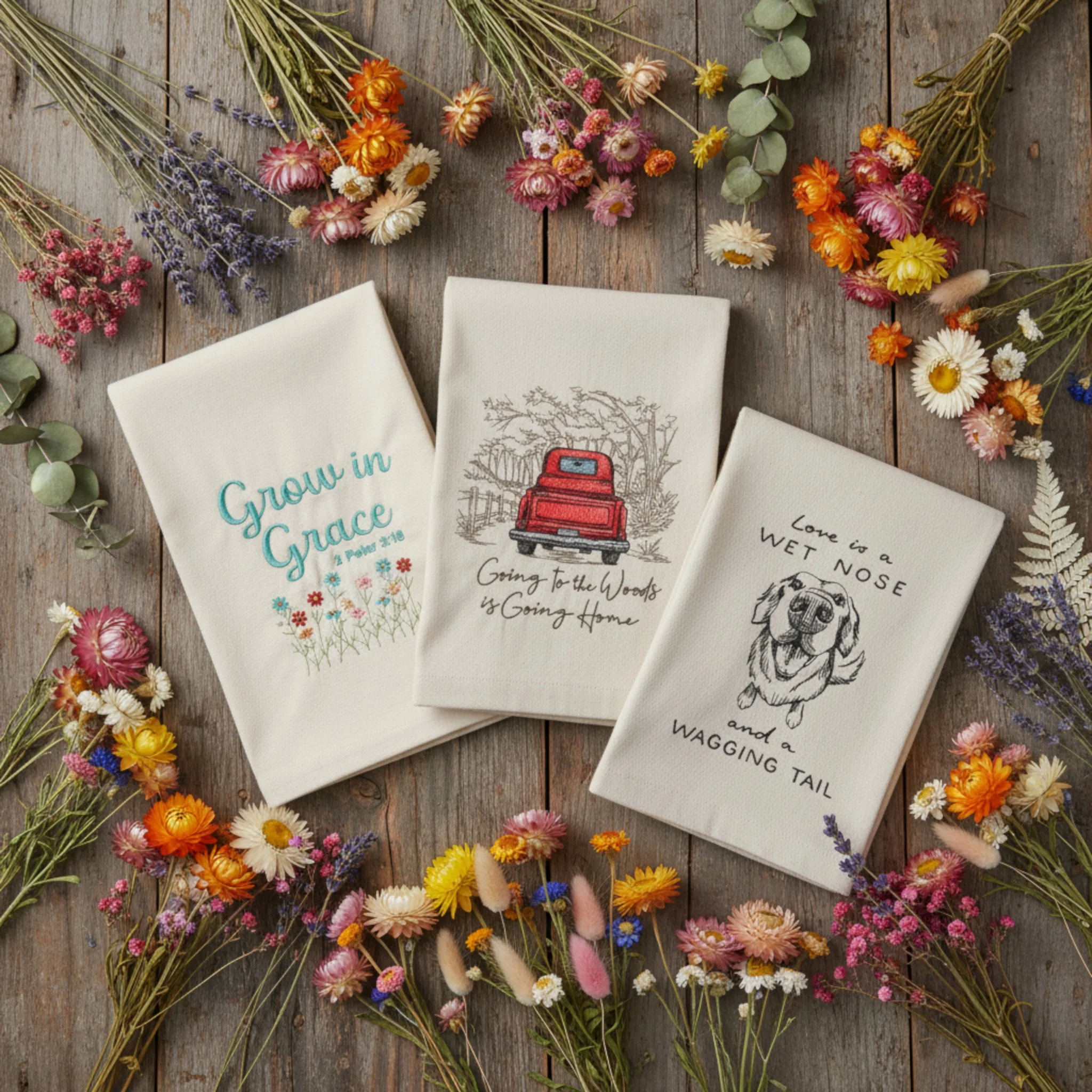 Embroidered kitchen towels with floral designs and dog illustrations