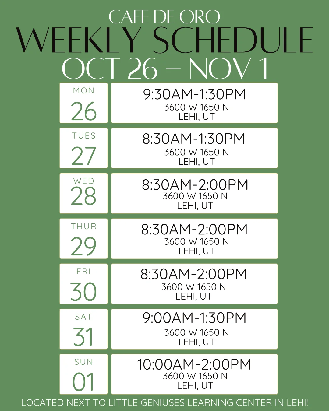 Weekly schedule for restaurant operations and staff shifts.