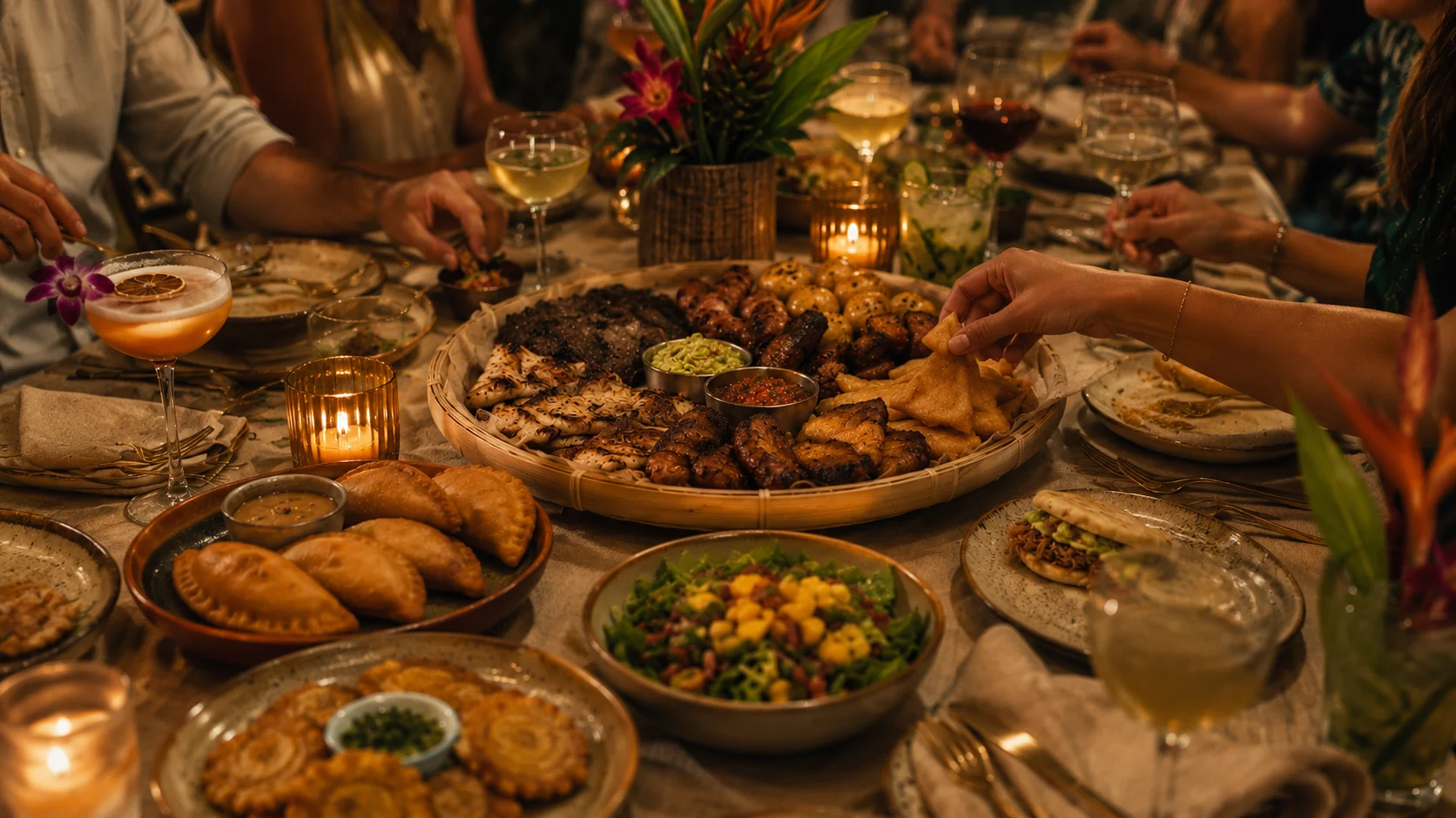 Assorted Caribbean dishes served on a large platter