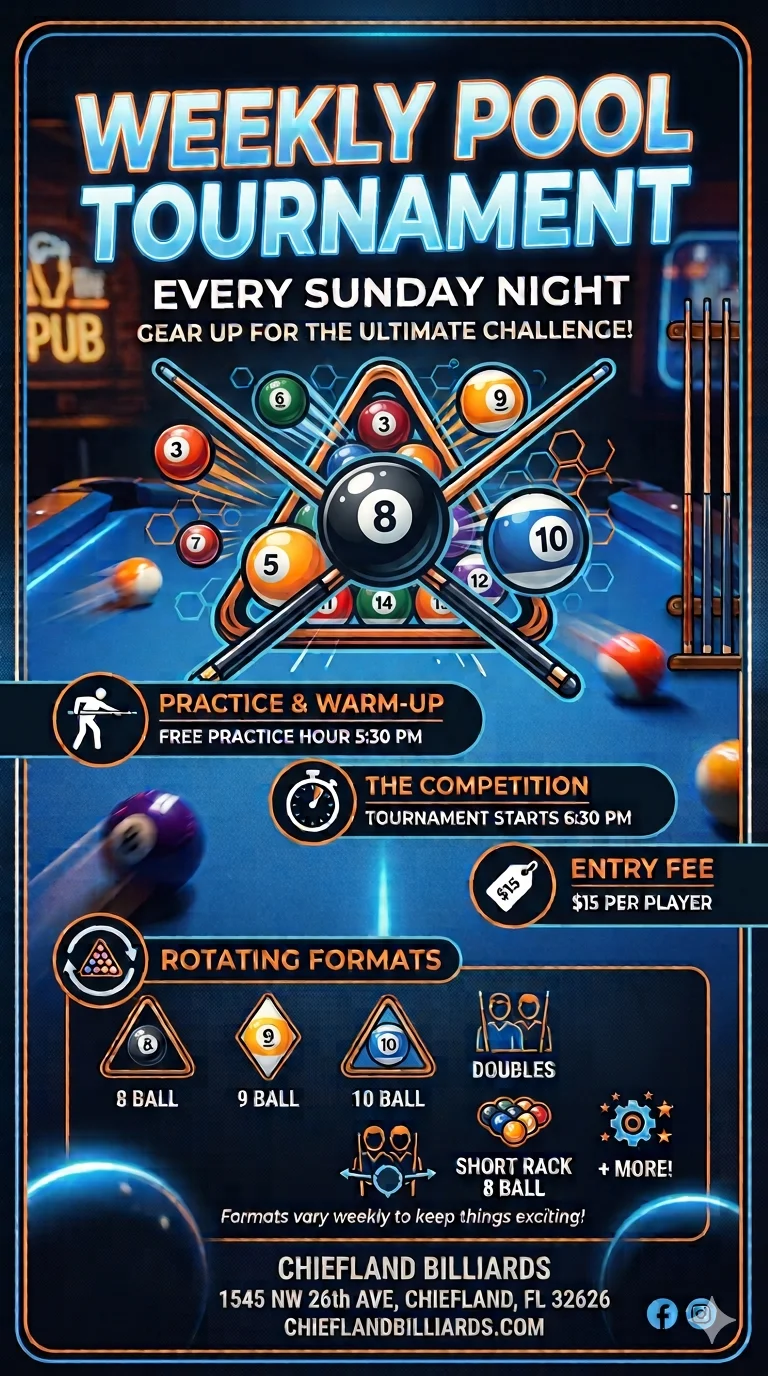Weekly pool tournament flyer at Chiefland Billiards