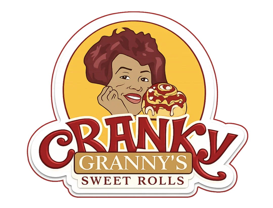 Logo of Cranky Granny's Sweet Rolls featuring a smiling woman with dessert
