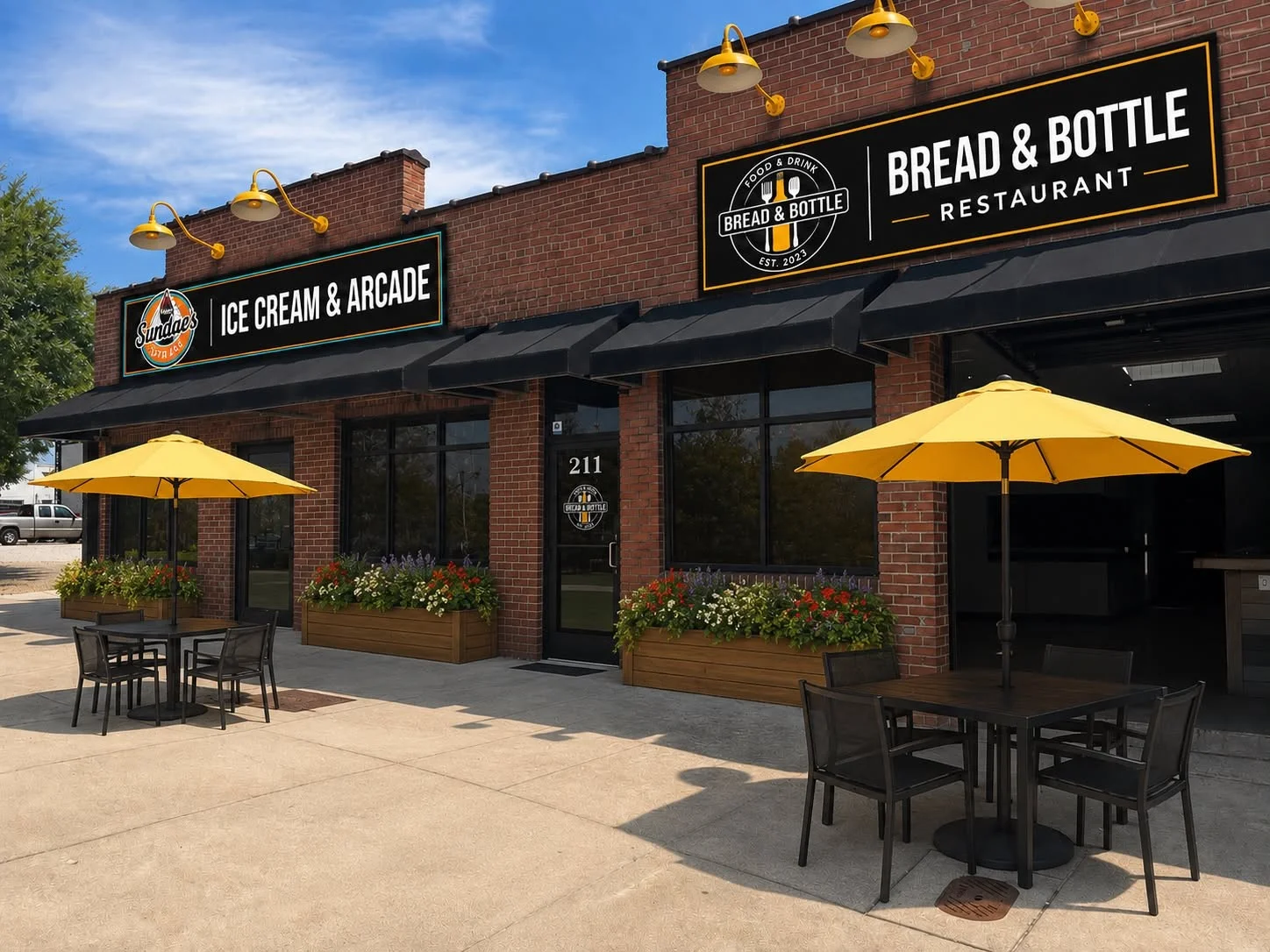 Exterior view of Bread & Bottle restaurant with outdoor seating