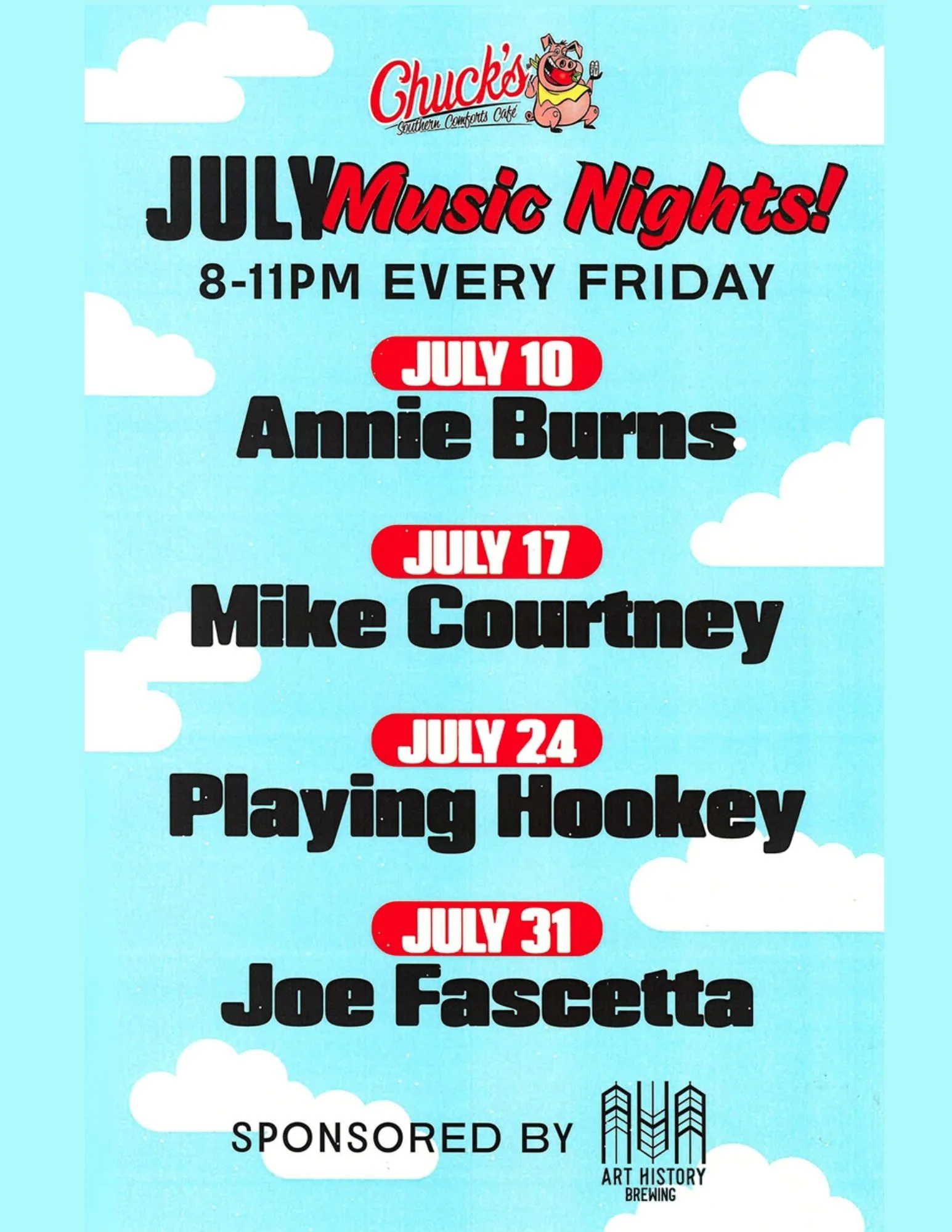 Weekly events schedule for a restaurant with colorful graphics.