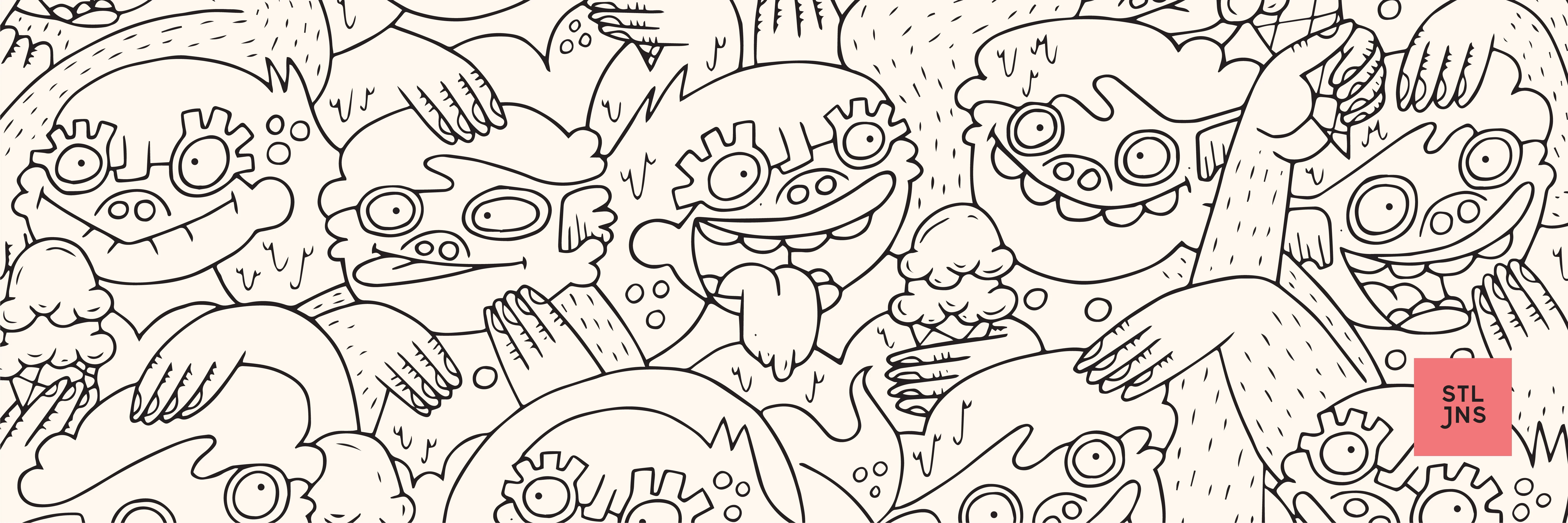 Colorful cartoon characters enjoying ice cream in a playful scene
