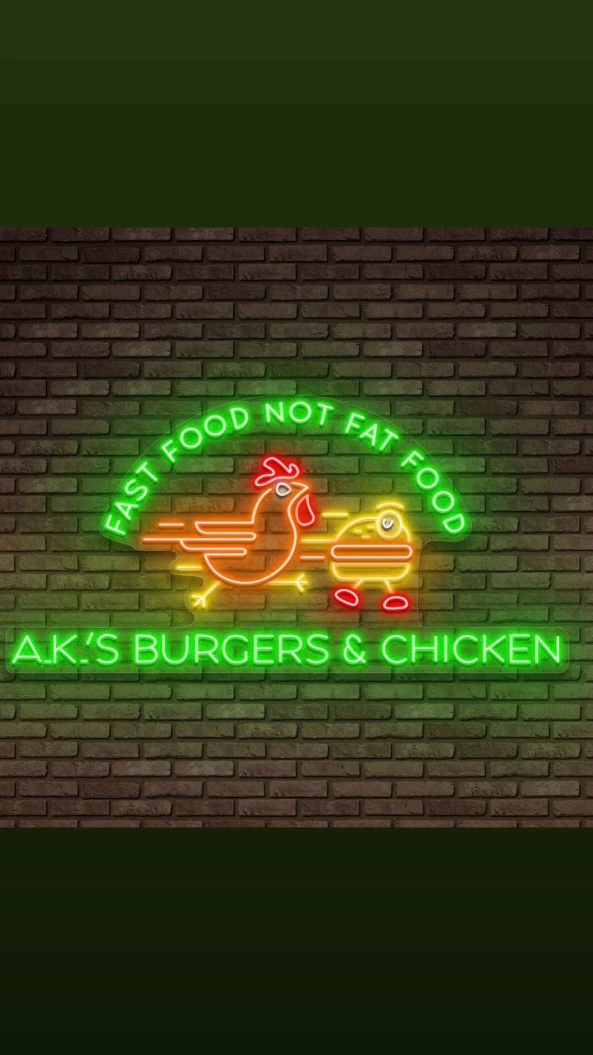 Neon sign for A.K.'s Burgers & Chicken with playful graphics