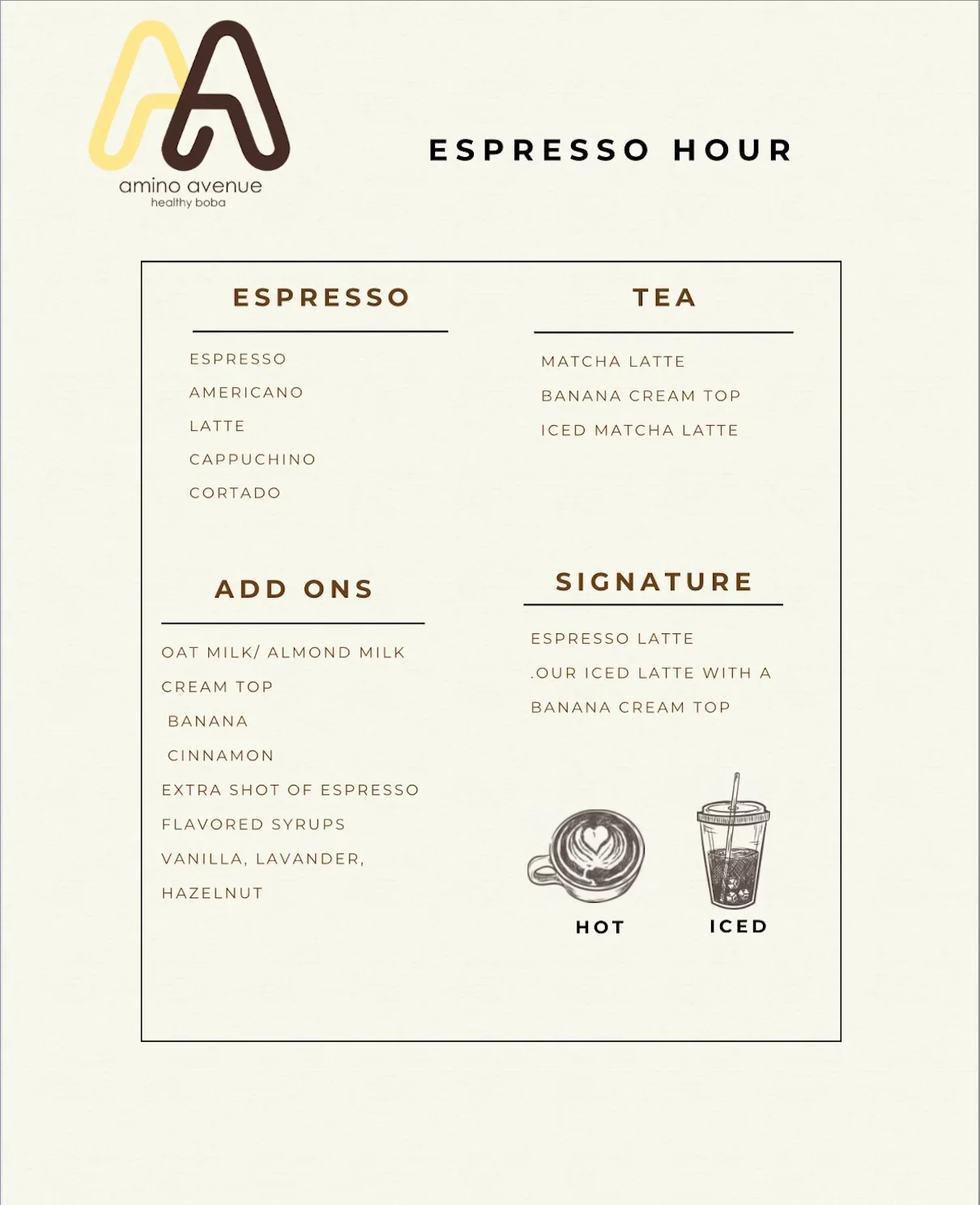 Espresso and tea menu from a modern café