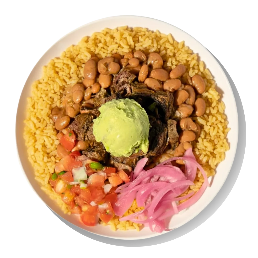 A white bowl filled with food, segmented into four parts: shredded white cheese, dark seasoned meat, fresh diced tomatoes with onion (pico de gallo), and pinto beans.