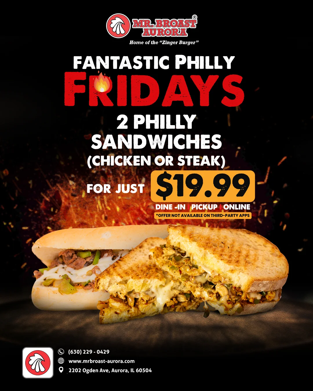 Two Philly sandwiches with chicken and steak on a fiery background.