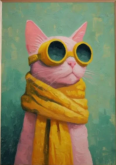 A pink cat wearing yellow sunglasses and a scarf.
