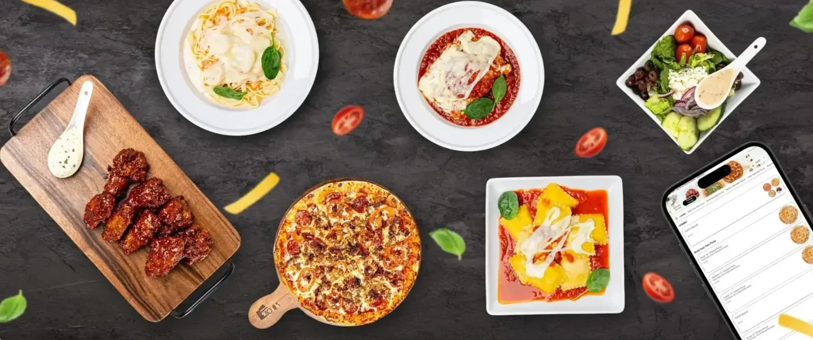 Zio Al's pizza, pasta, ravioli and wings laid out with the online ordering app on a phone