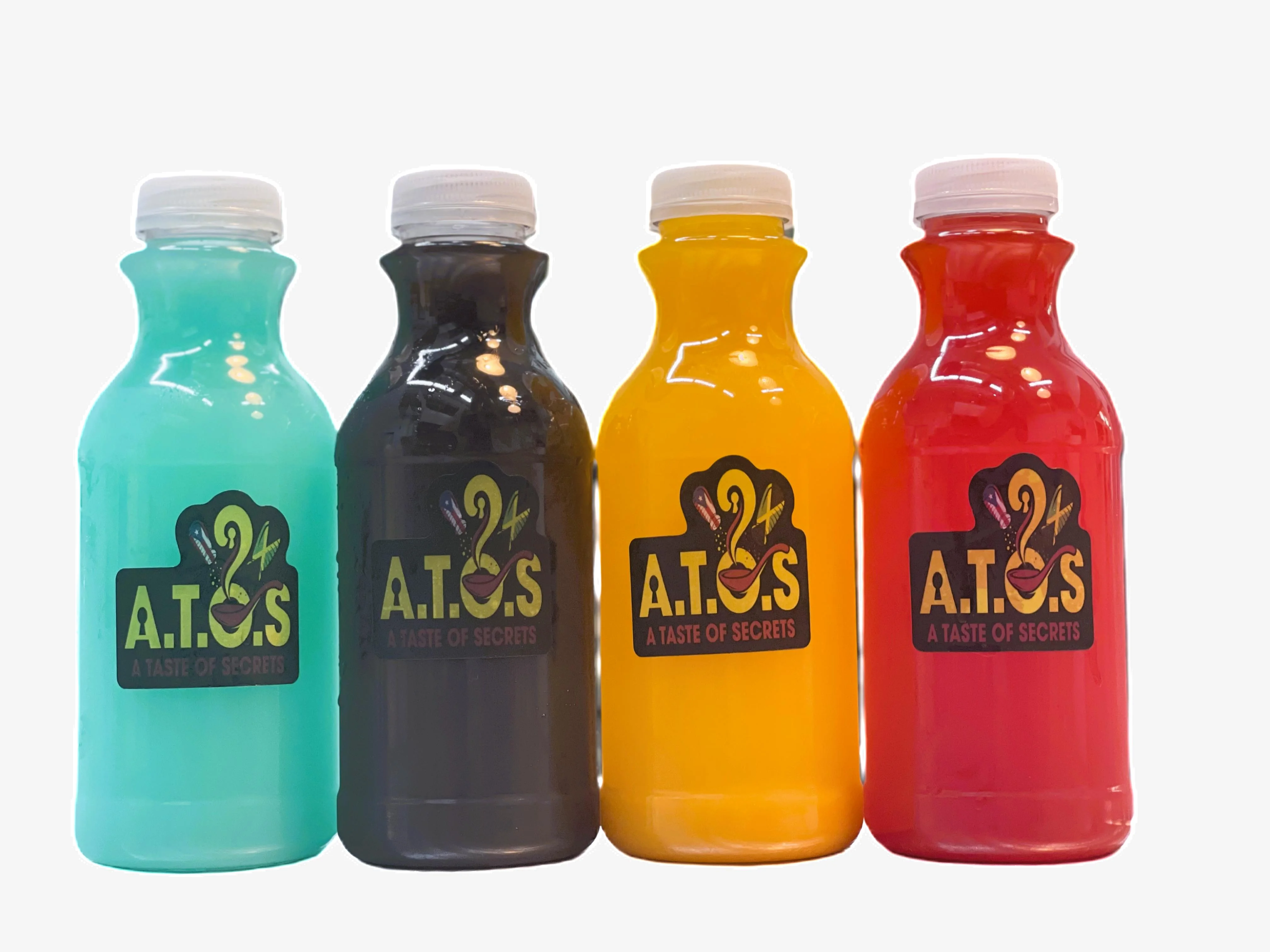 A variety of colorful drinks displayed on a bar counter.