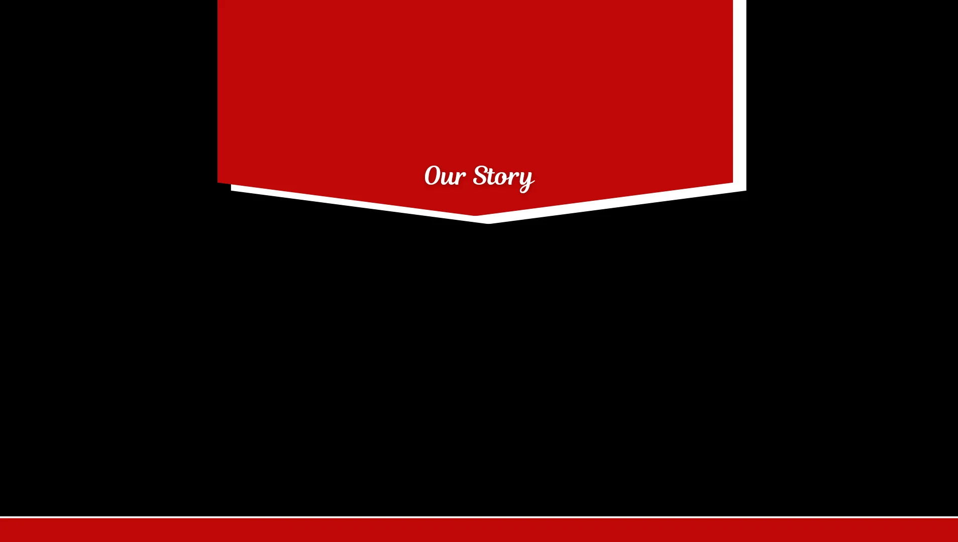 Restaurant branding with 'Our Story' text on a red and black background