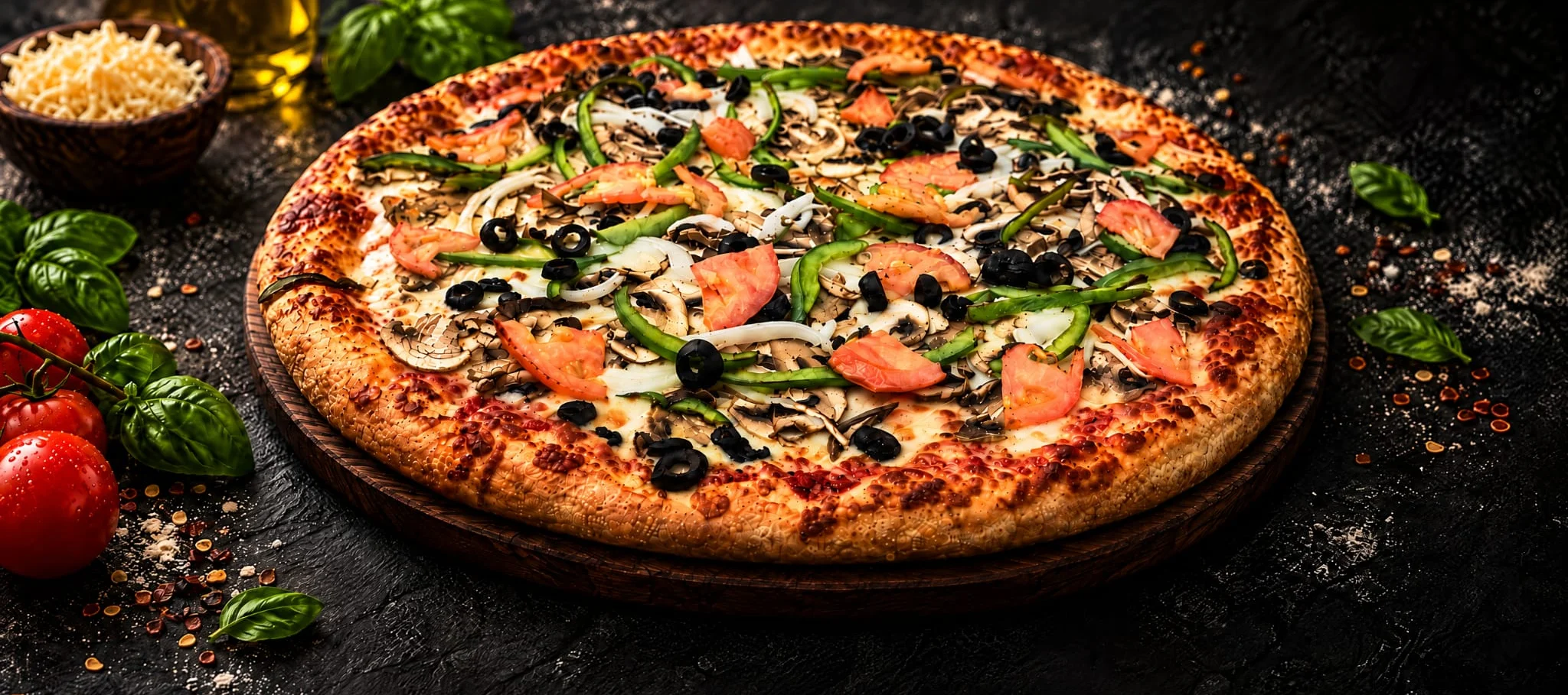 Promotional graphic featuring a homemade pizza with fresh toppings