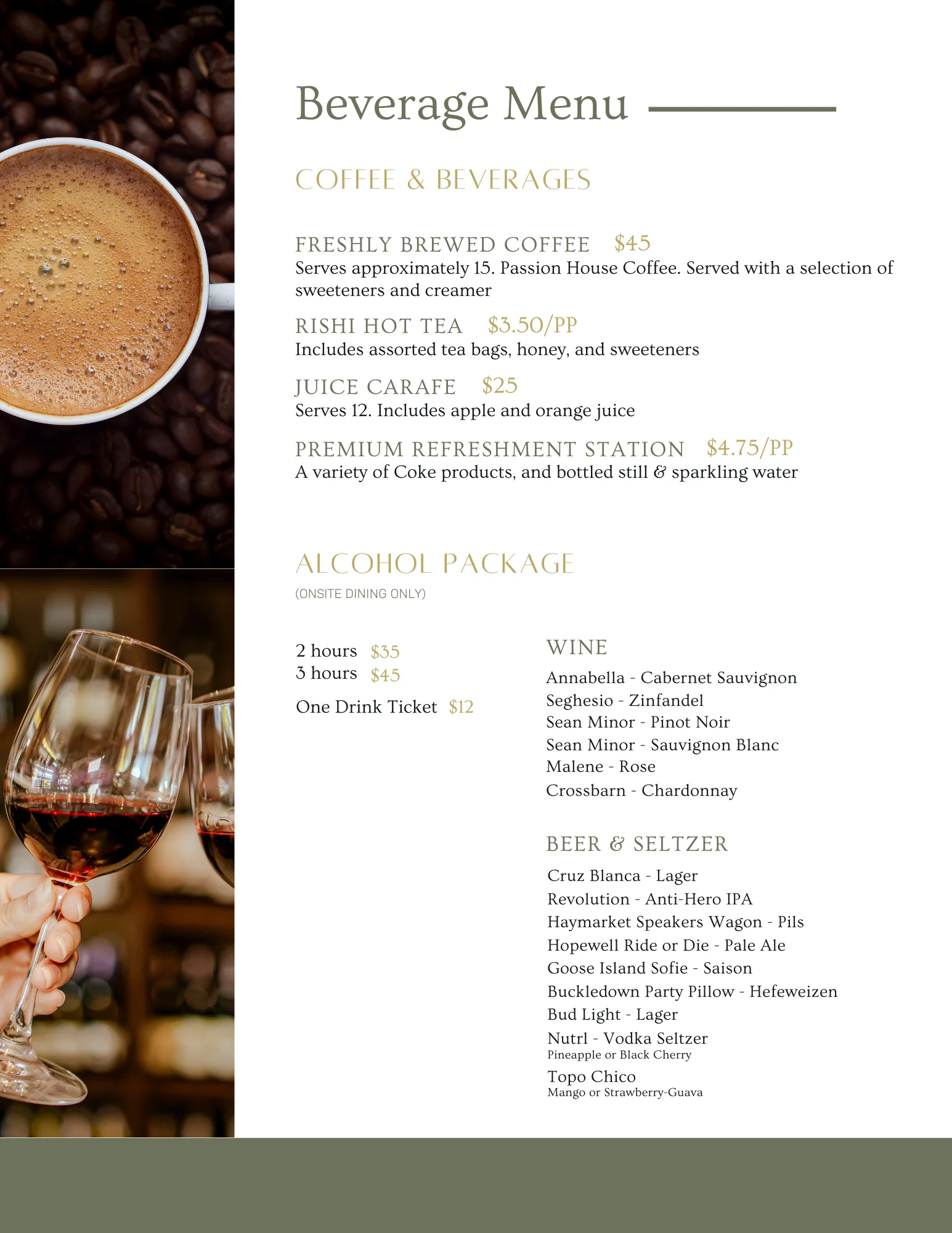 Beverage menu featuring coffee, tea, and wine selections