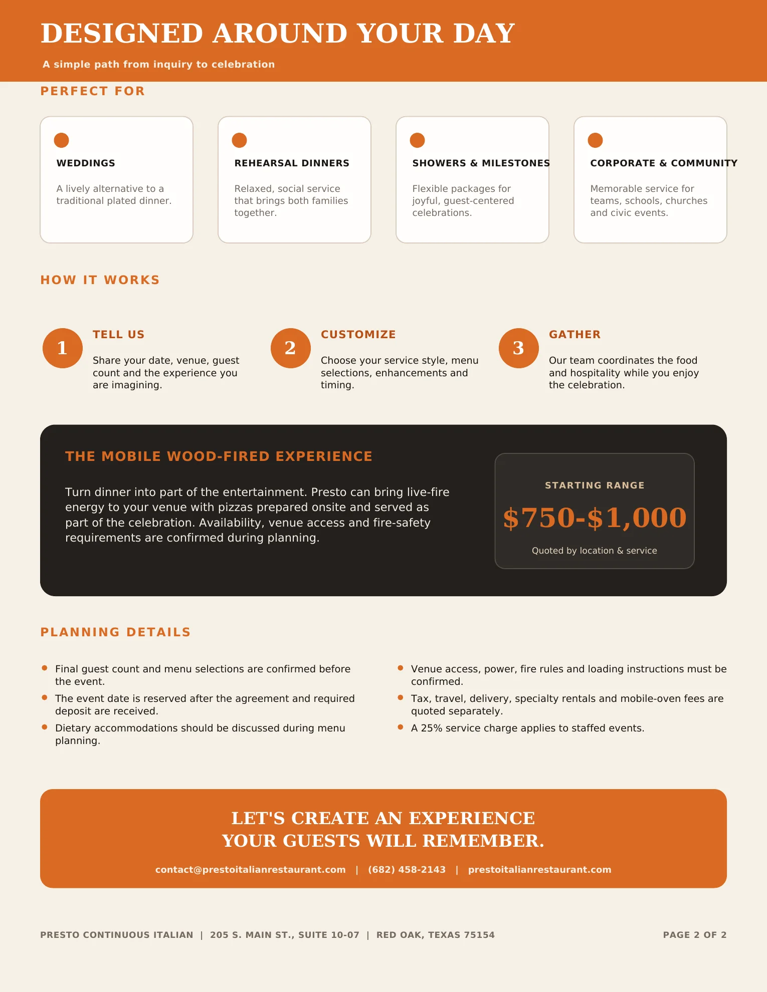 Event planning brochure for a mobile wood-fired pizza service