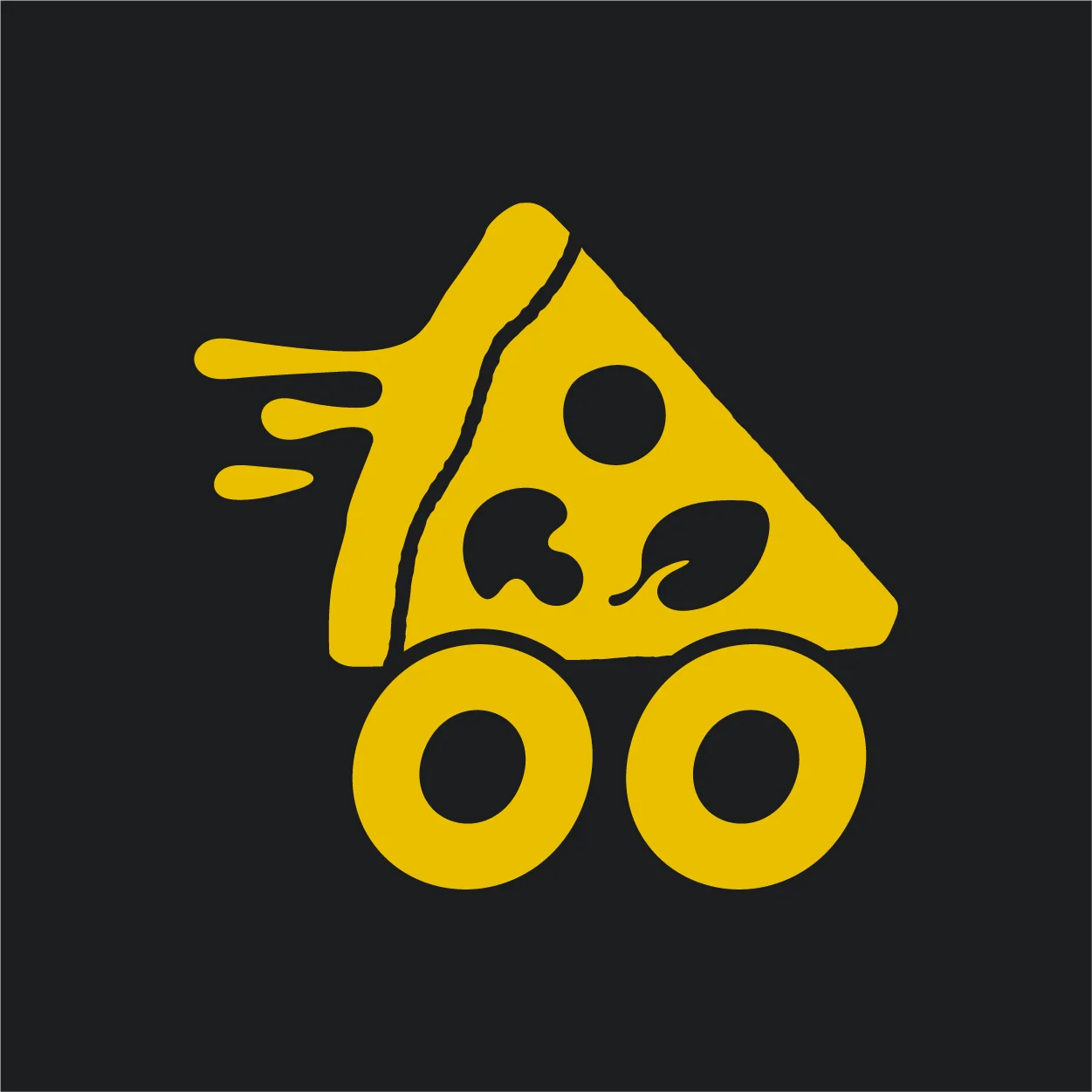 Stylized pizza slice on wheels, representing fast food delivery