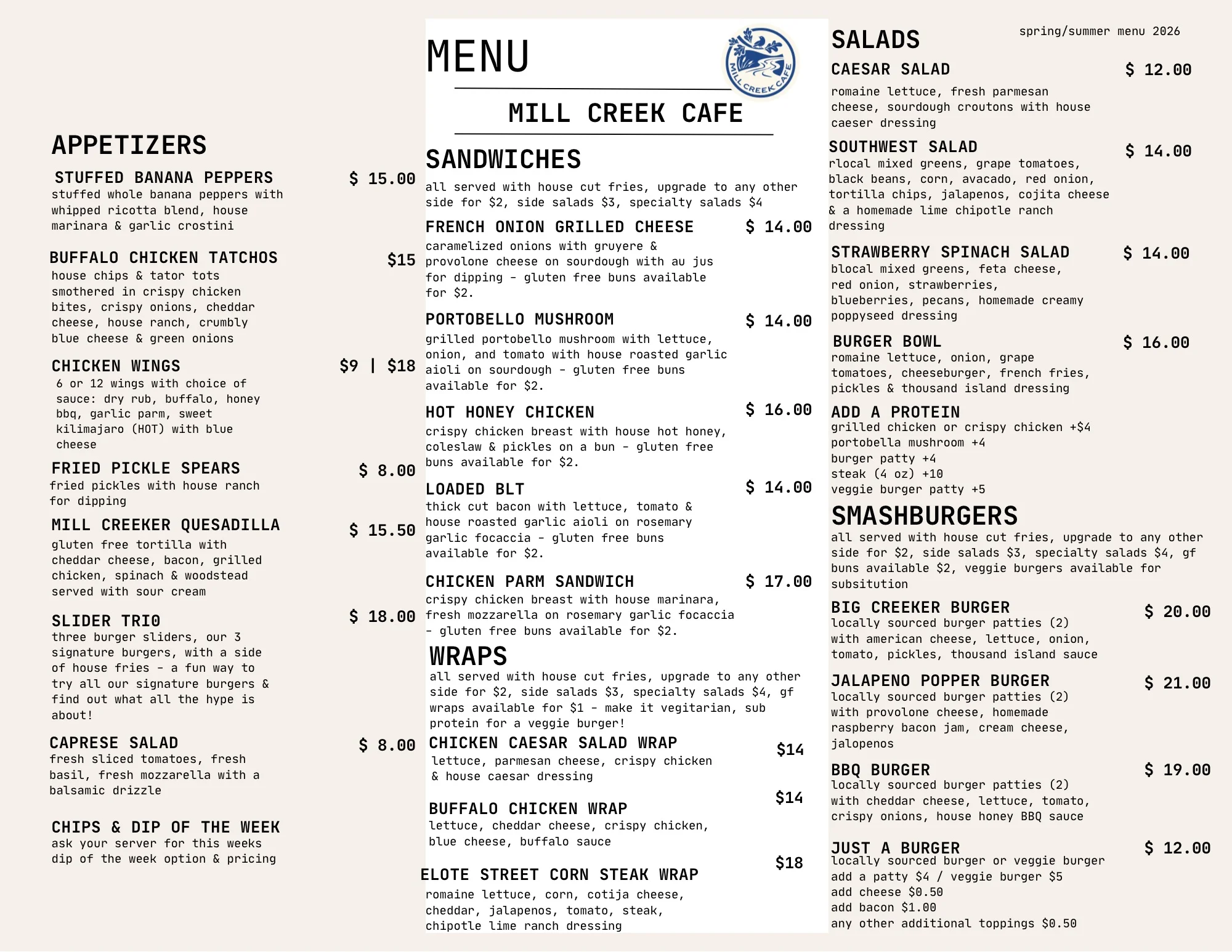 Restaurant menu featuring sandwiches, salads, burgers, wraps, and appetizers