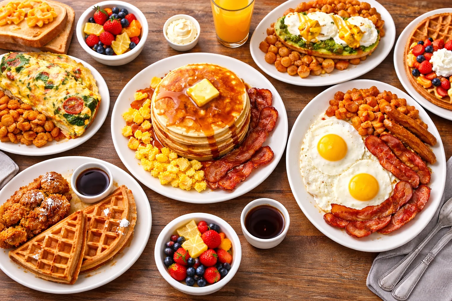 A colorful breakfast spread featuring pancakes with syrup and butter, crispy bacon, eggs, waffles, and a variety of fruits.