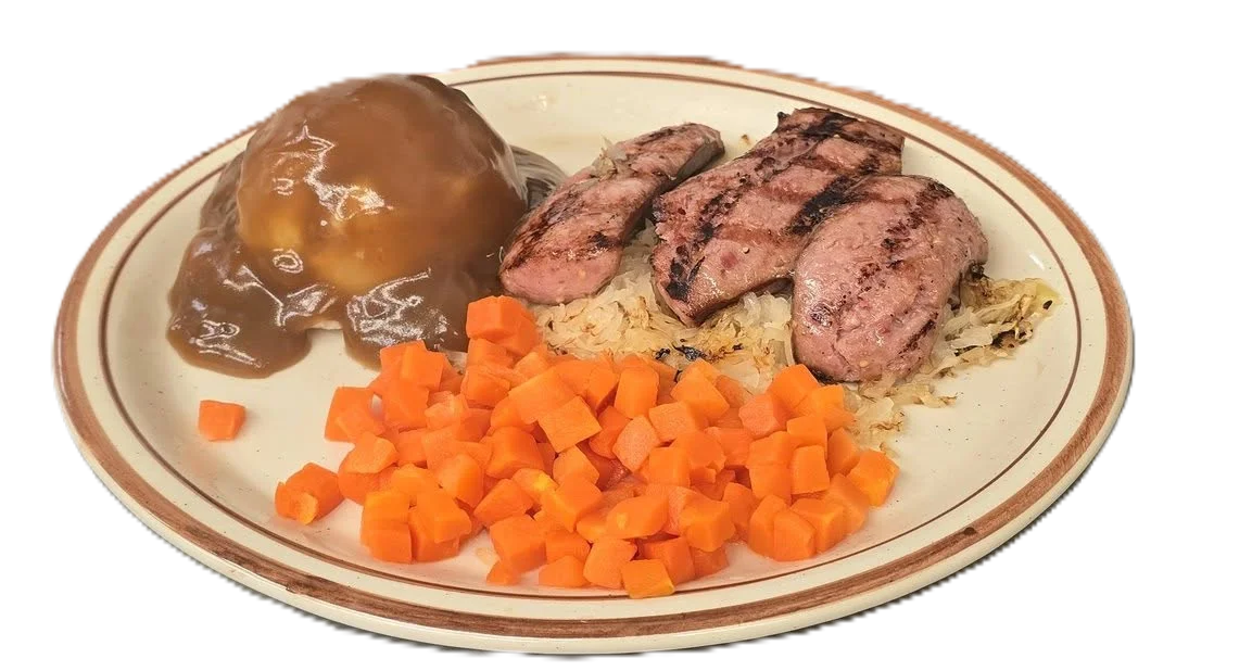Grilled sausage with sauerkraut and carrots, served with apple sauce