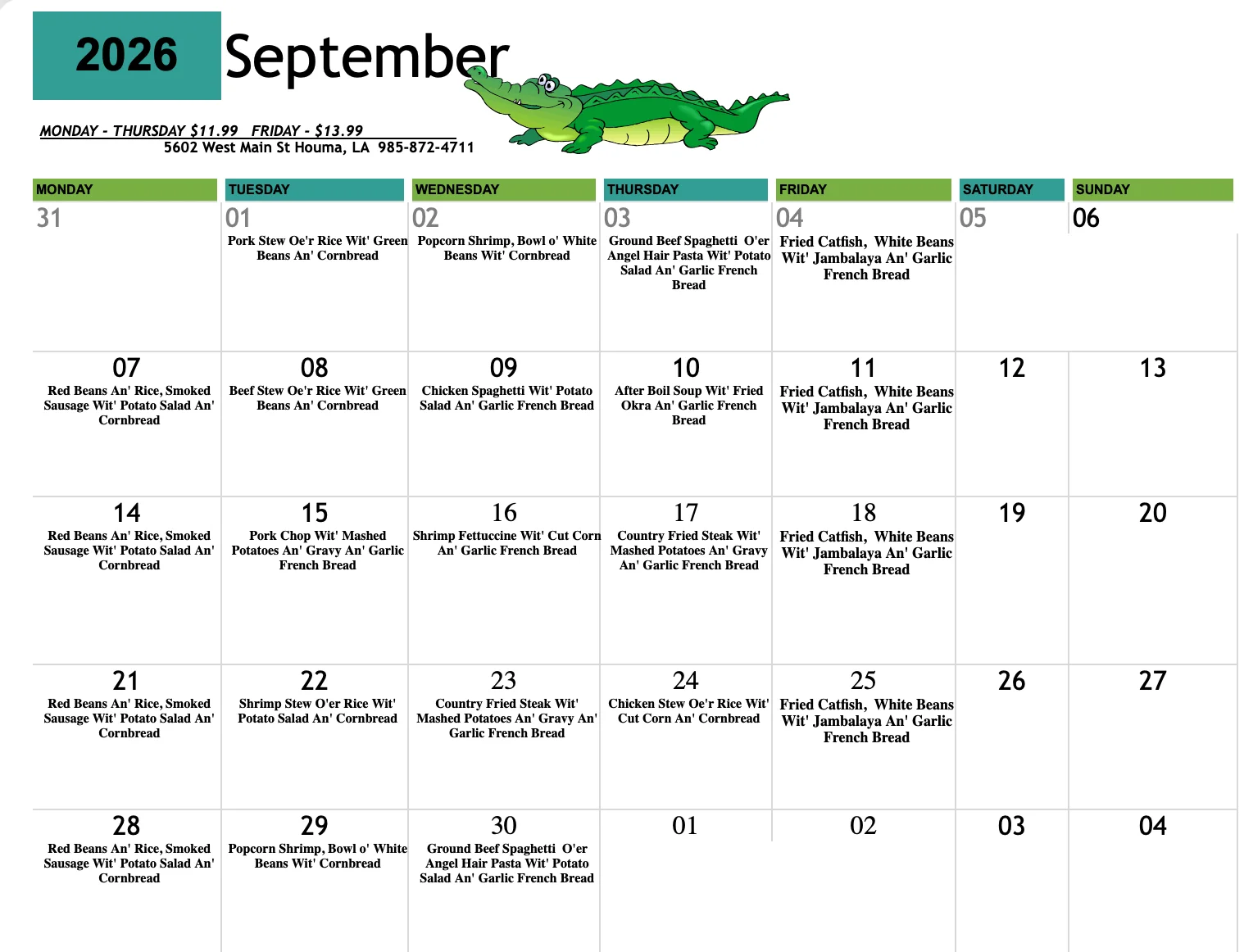 July menu for Boudreau & Thibodeau's restaurant featuring Cajun dishes