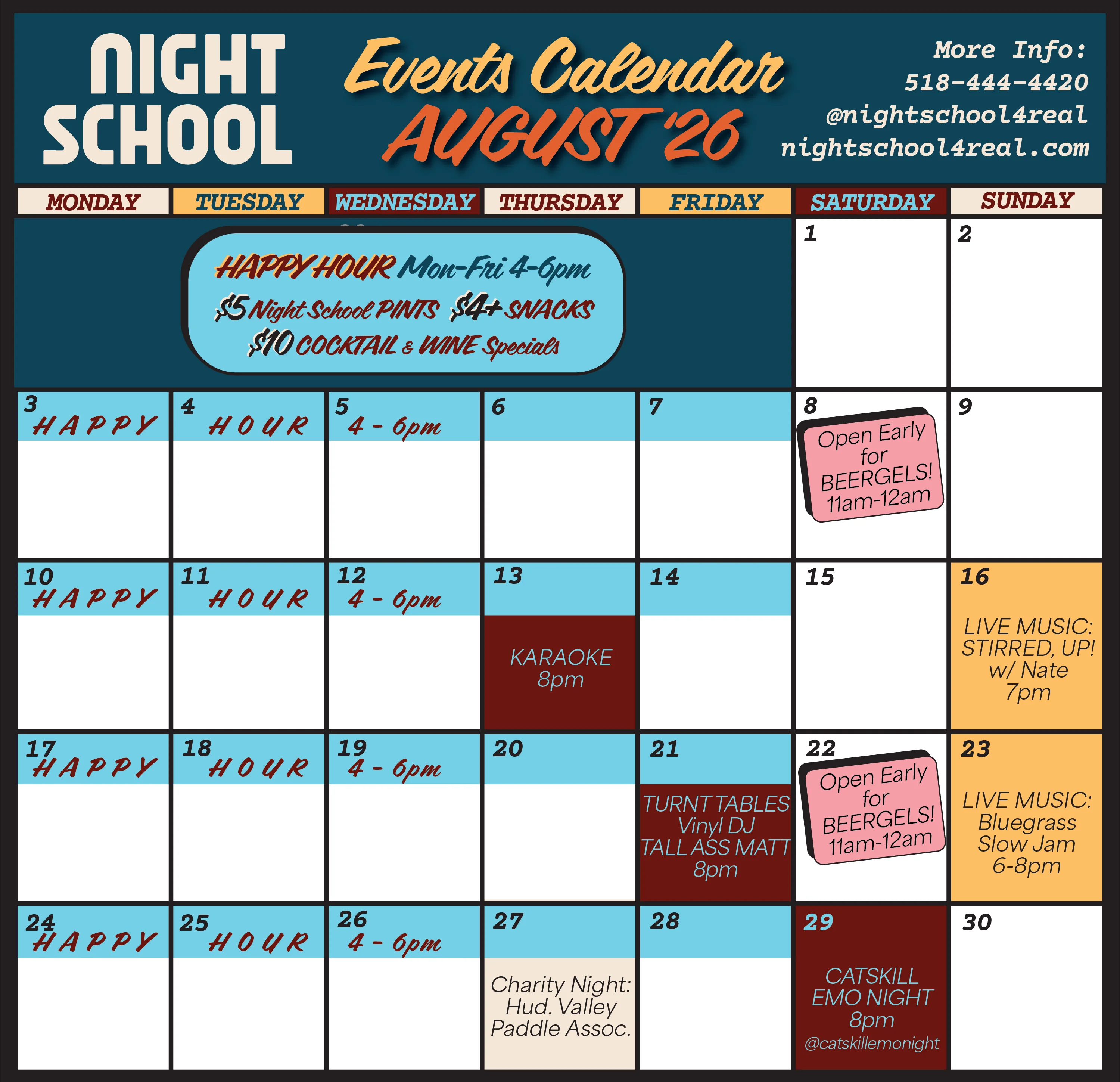 April monthly calendar with events and promotions for the restaurant.