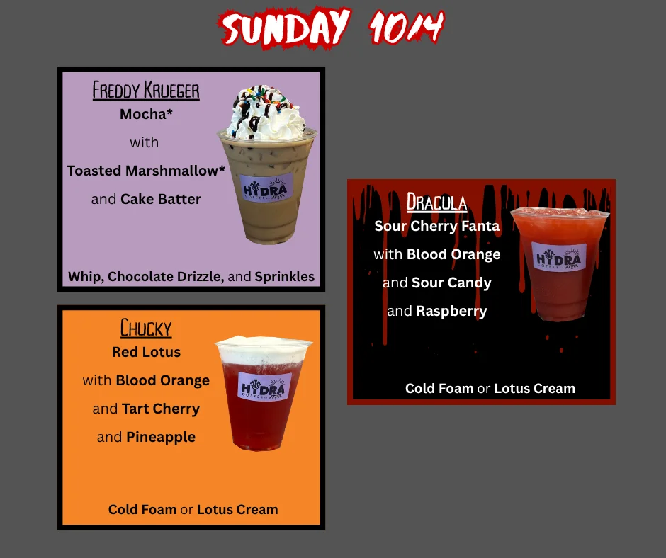 Colorful drink menu featuring various coffee and soda options
