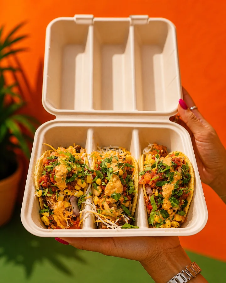 A hand presents a takeout container filled with three mouthwatering tacos, topped with a variety of colorful ingredients. The backdrop adds a cheerful ambiance.
