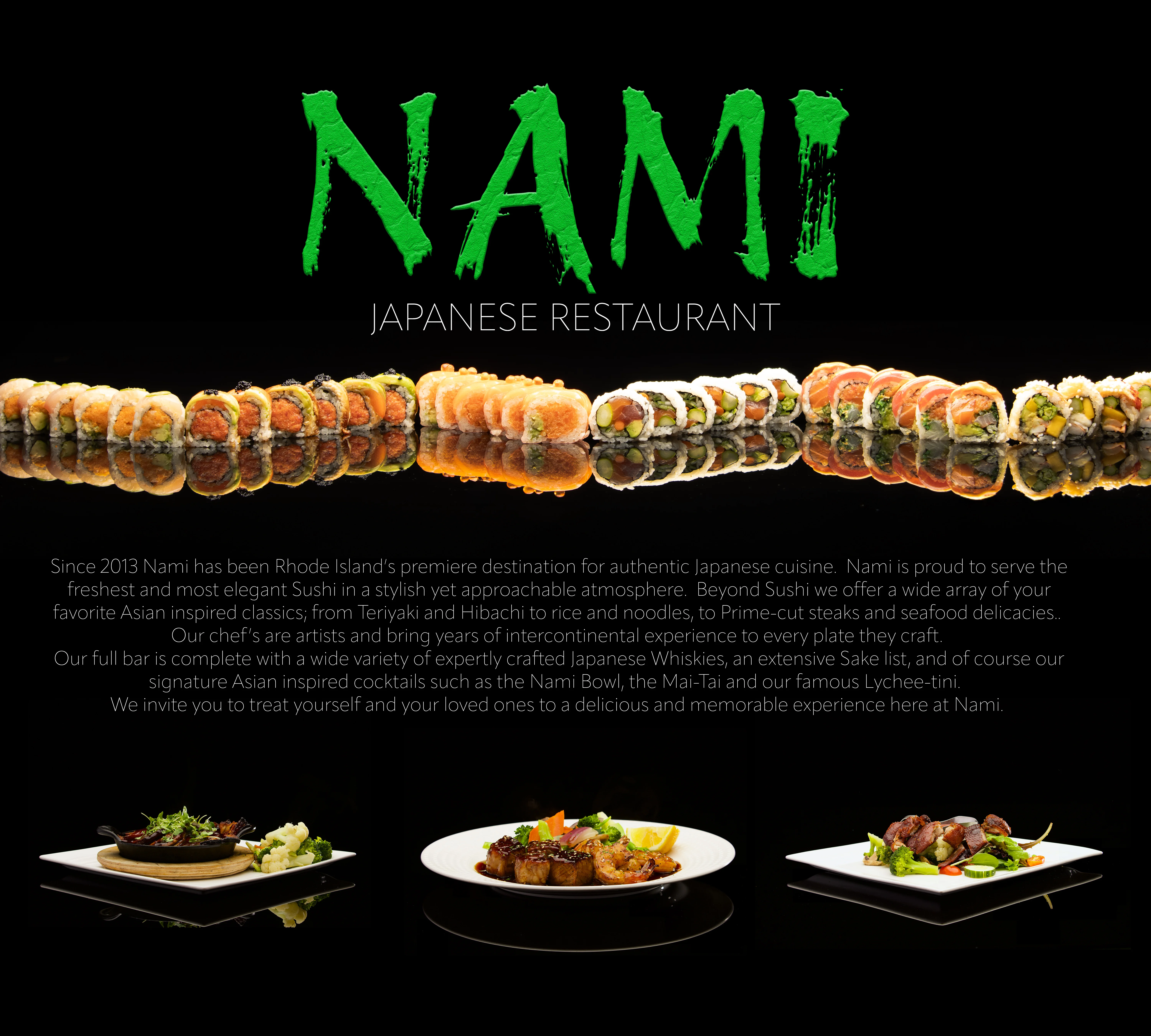 Nami Japanese Restaurant showcasing sushi and Asian cuisine offerings.