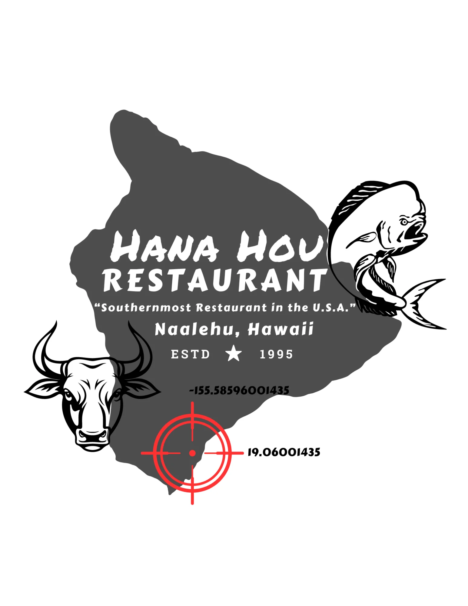 A logo design representing a restaurant in Hawaii, featuring illustrations of a cow and a fish, alongside text that includes the restaurant's name and establishment year.