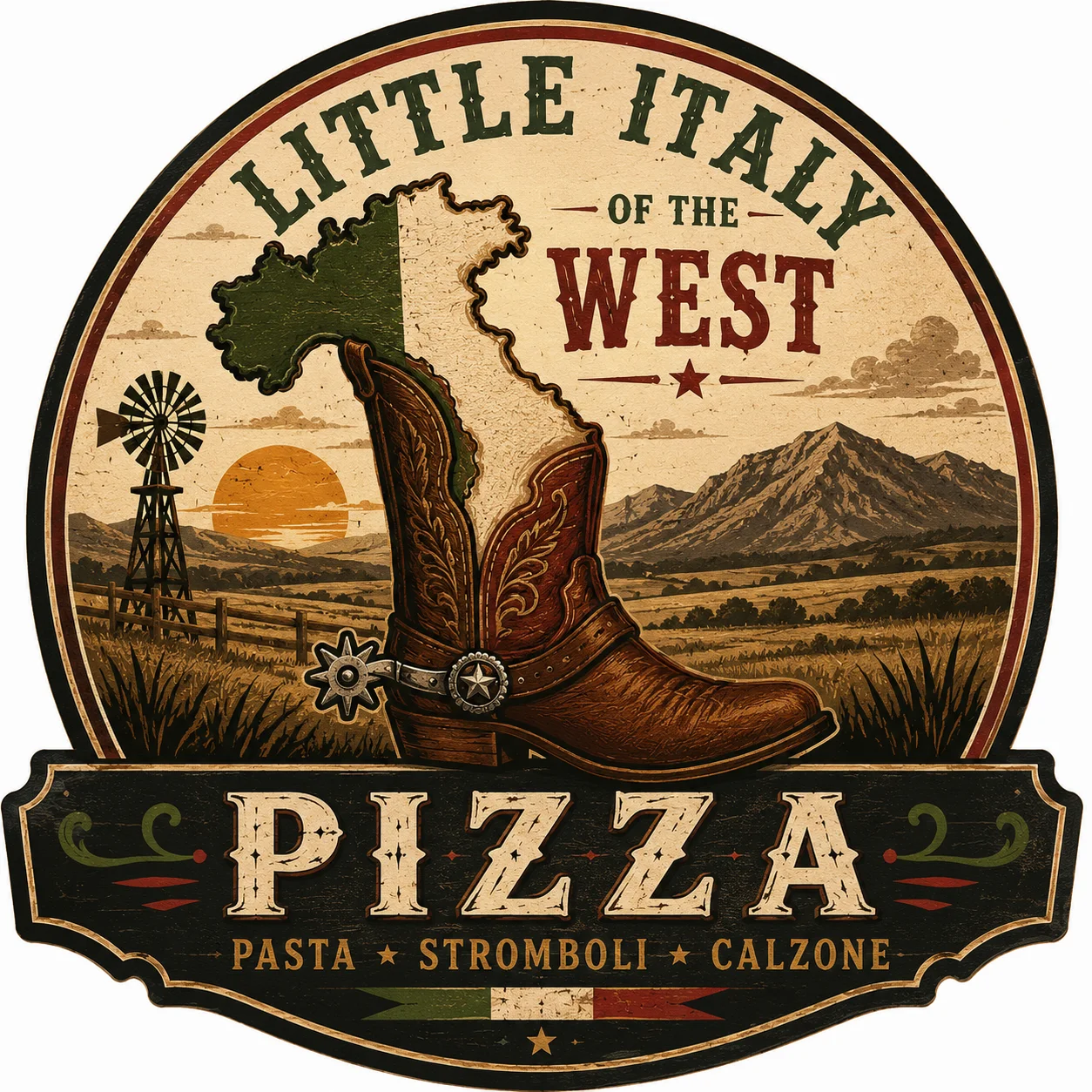 Rustic logo for Little Italy of the West featuring pizza and pasta