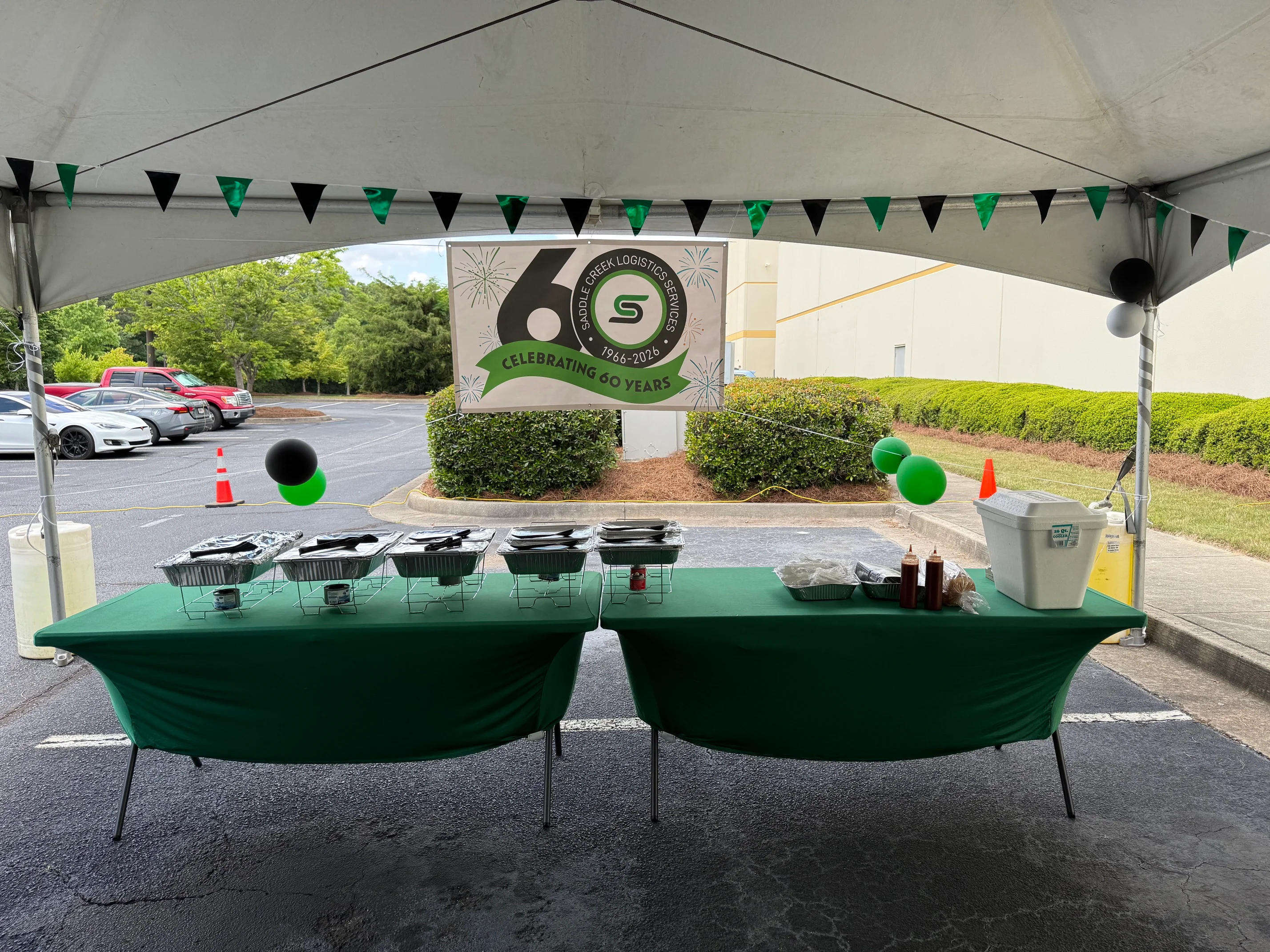 Outdoor event setup for a 60th anniversary celebration
