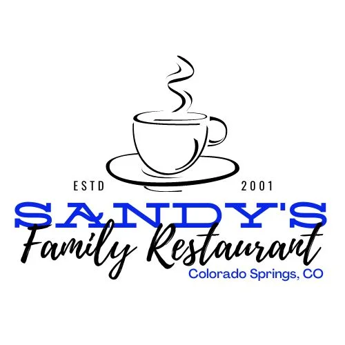 A logo featuring a coffee cup with steam, highlighting a family restaurant founded in 2001, located in Colorado Springs, CO.